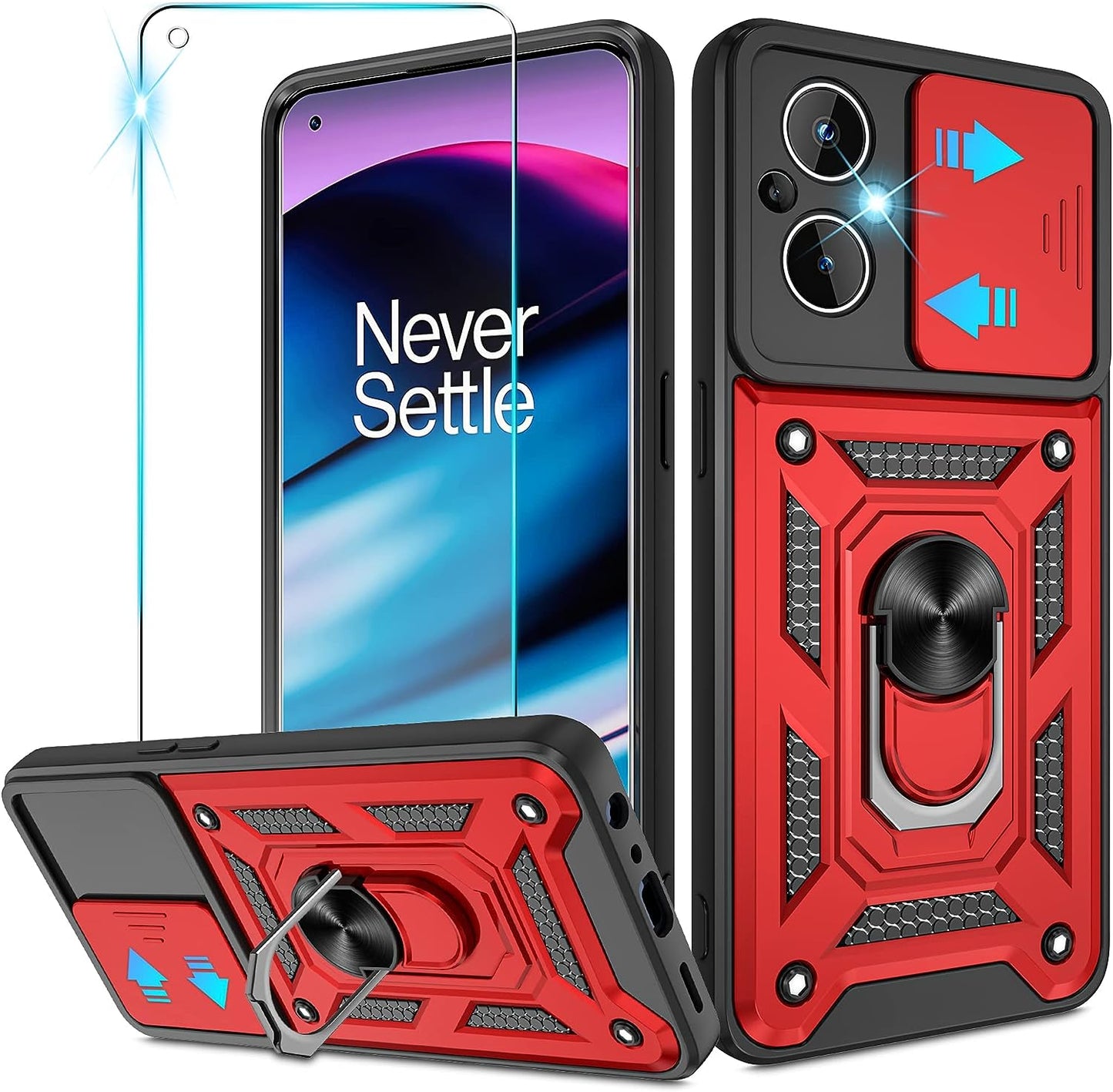 For Oneplus Nord N20 5G Case with HD Screen Protector, Heavy Duty Shockproof Protective Case with Metal Kickstand [Military Grade] Protective Case for Oneplus Nord N20 5G, Black  Atump Red  