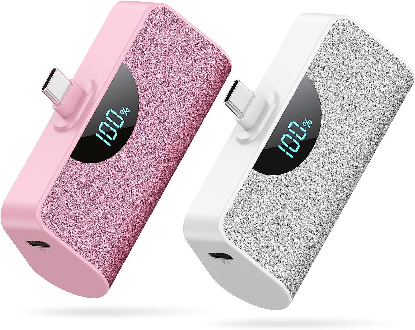 [2 Pack] Mini Portable Charger USB-C Power Bank 5200Mah,Lcd Display 15W PD Fast Charging Battery Pack Backup Charger Compatible with Samsung Galaxy S22/S21/S10/S9,Note 20/10,Moto,Lg,Android Phones Etc  Dongguan Yuanhaoxun Technology Co., Ltd White+Pink  