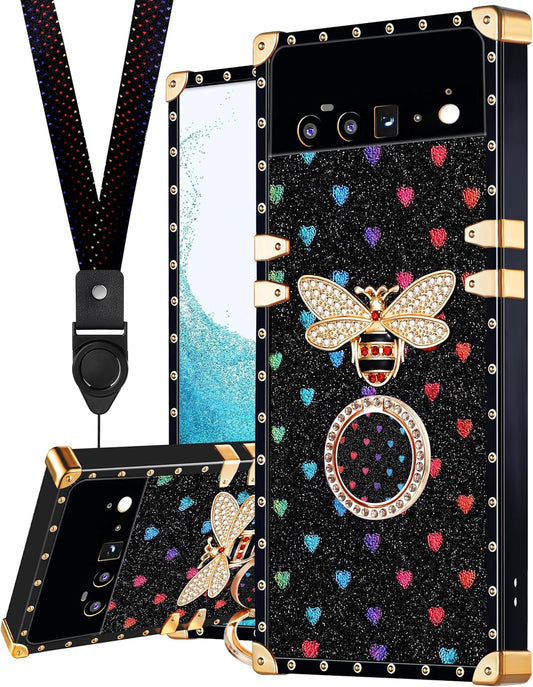 Loheckle for Pixel 6 Pro Case for Women, Designer Square Cases for Google Pixel 6 Pro with Ring Stand Holder and Lanyard, Stylish Bees Luxury Cover for Pixel 6 Pro 6.7 Inch  Loheckle   