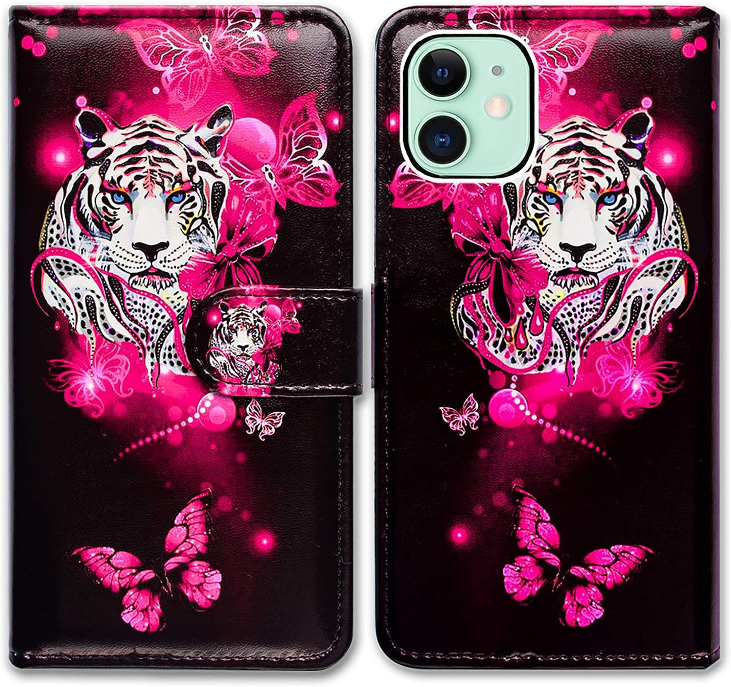 Bcov Iphone 13 Case,Blue Butterfly Flowers Rose Leather Flip Phone Case Wallet Cover with Card Slot Holder Kickstand for Iphone 13  Bcov White Tiger Butterfly  