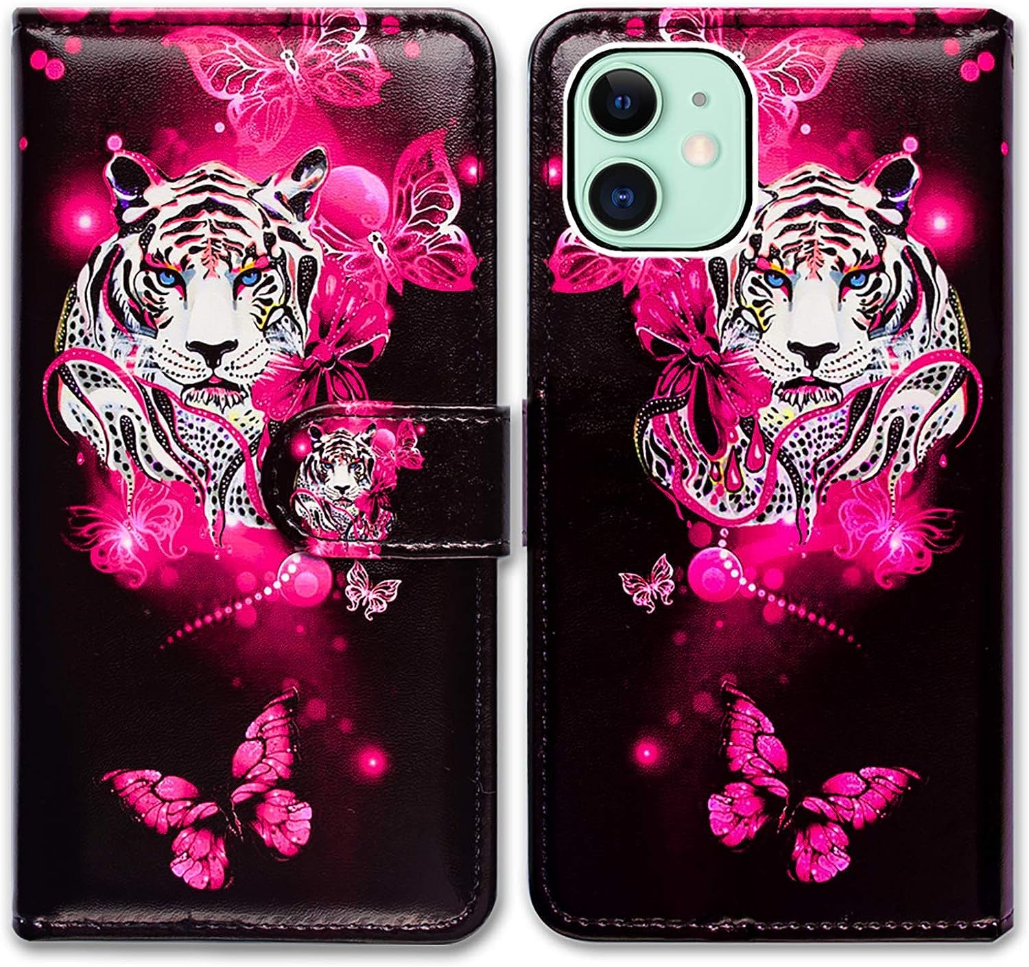 Bcov Iphone 13 Case,Blue Butterfly Flowers Rose Leather Flip Phone Case Wallet Cover with Card Slot Holder Kickstand for Iphone 13  Bcov White Tiger Butterfly  