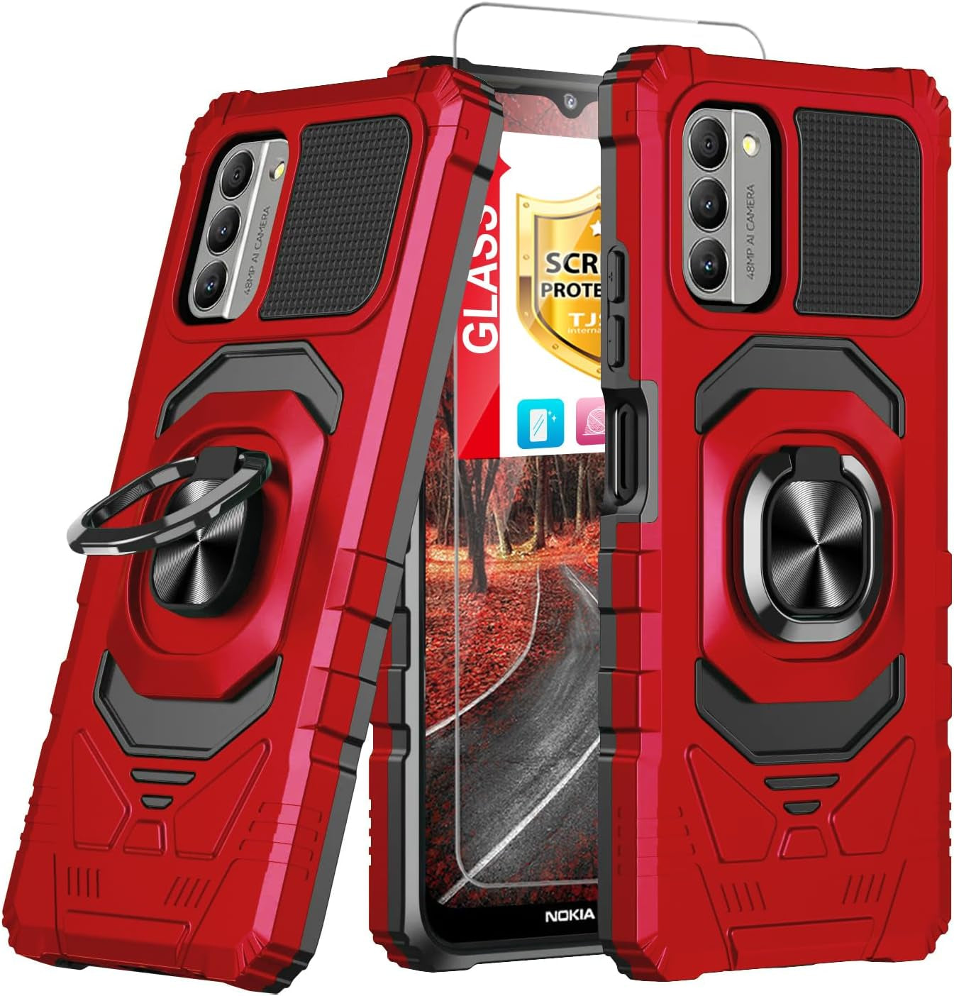 TJS Compatible for Nokia G100 Case (N150Dl)/Nokia C300 Case (N155DL), with Tempered Glass Screen Protector, Metal Ring Magnetic Support Kickstand Heavy Duty Protection Phone Case (Red)  TJS   