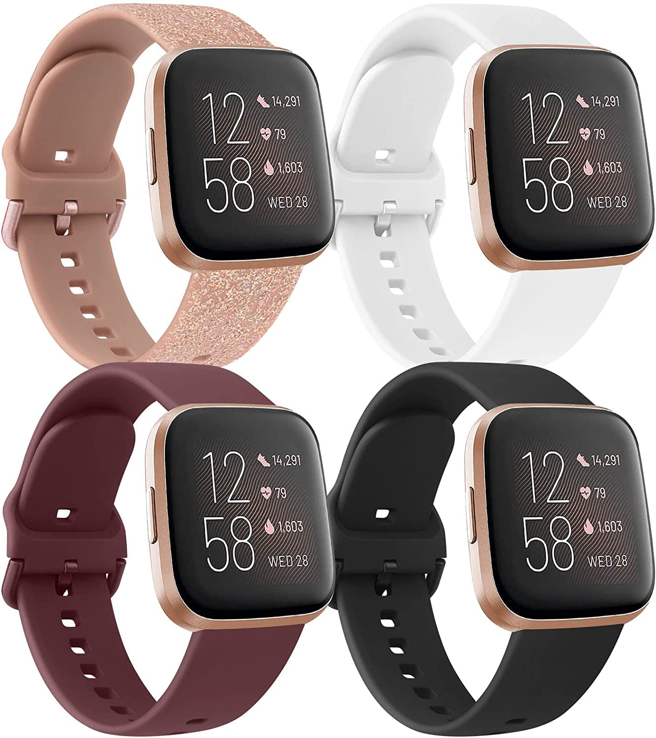 4 Pack Bands for Fitbit Versa 2 / Fitbit Versa/Versa Lite/Versa SE for Women Men, Soft Silicone Replacement Wristband for Fitbit Versa 2 Bands  Amzpas Khaki Glitter RoseGold/White/Black/Wine  