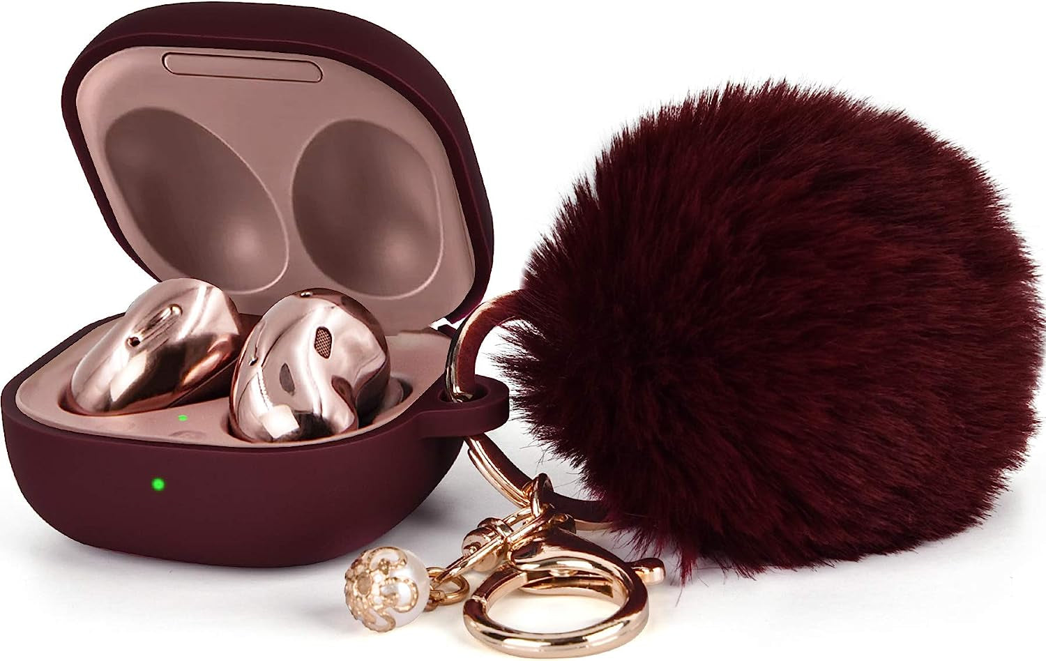 Filoto Case for Samsung Galaxy Buds 2 / Buds Live/Buds Pro/Buds 2 Pro, Cute Silicone Earbuds Protective Case Cover with Pompom Keychain Accessories for Women Girls (Cactus Green  Kerle Burgundy  