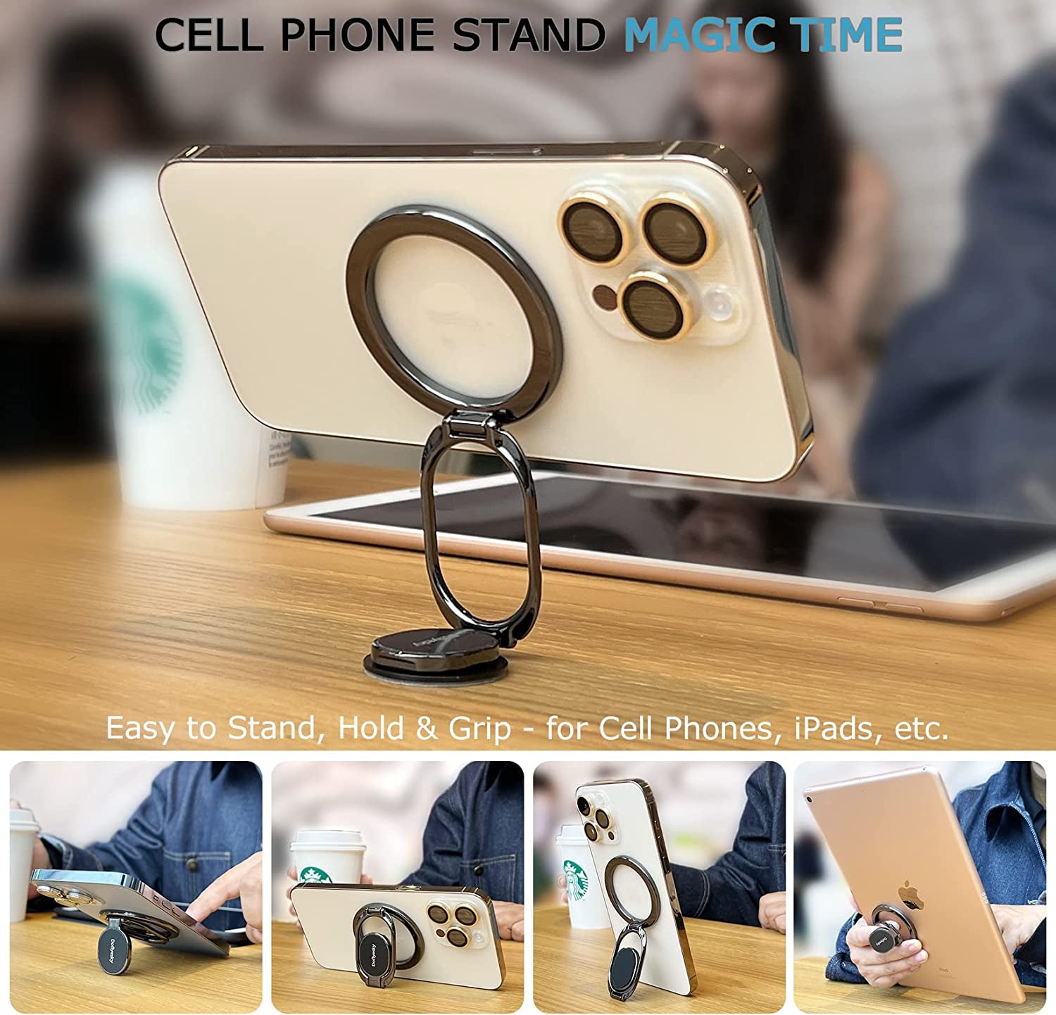 Magnetic Phone Ring Holder with Magsafe, Double Adjustable Gym Finger Ring Grip and Stand, Removable Phone Grip, for Iphone, Ipad and Smartphones, Compatible with Magnetic Car Mount (Gun Black)  Doflyesky   