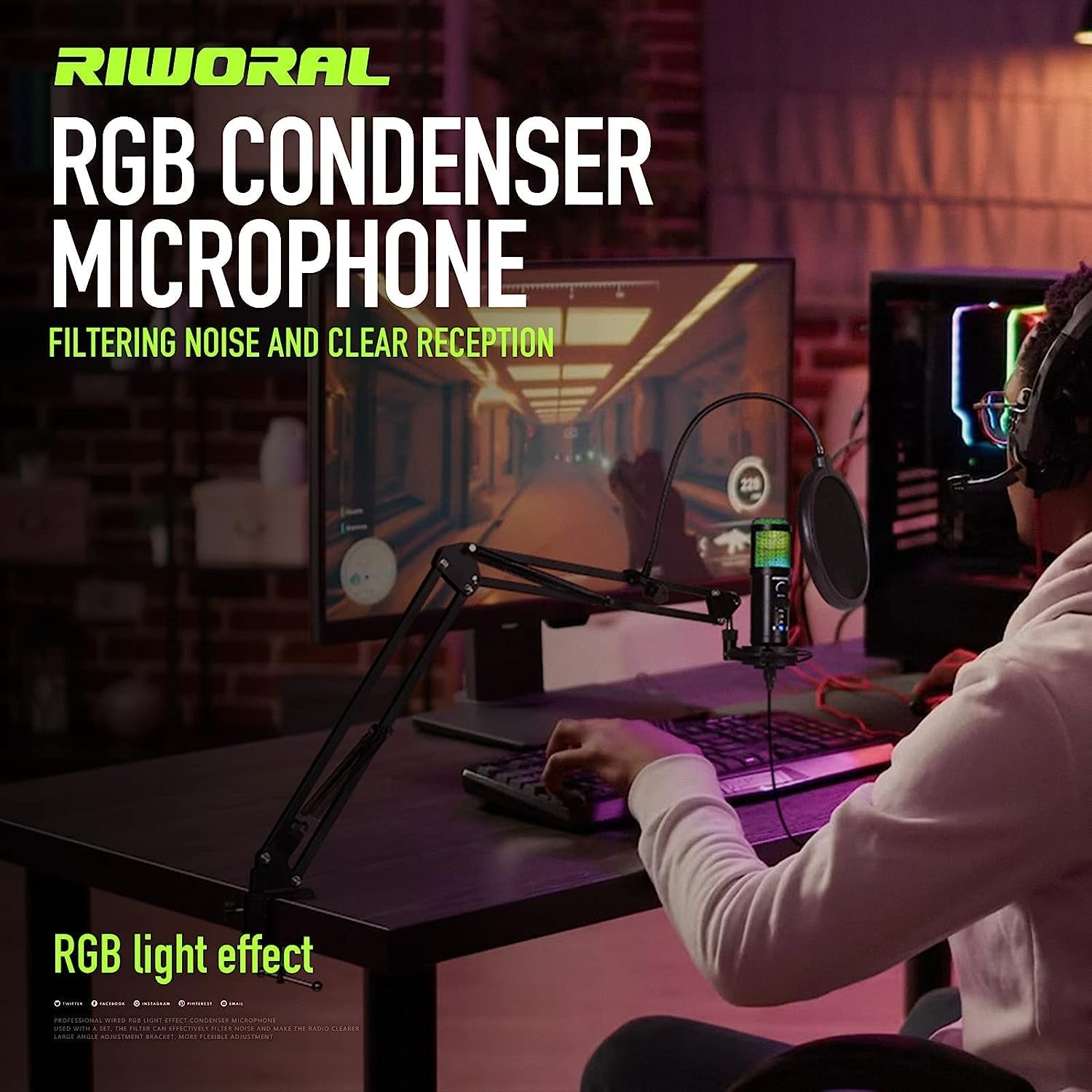 Riworal USB Microphone Gaming Microphone with Adjustable Boom Arm RGB Condenser Mic Kit Plug & Play Studio Recording Microphone for Smartphone Laptop Ps4 Ps5  Riworal   