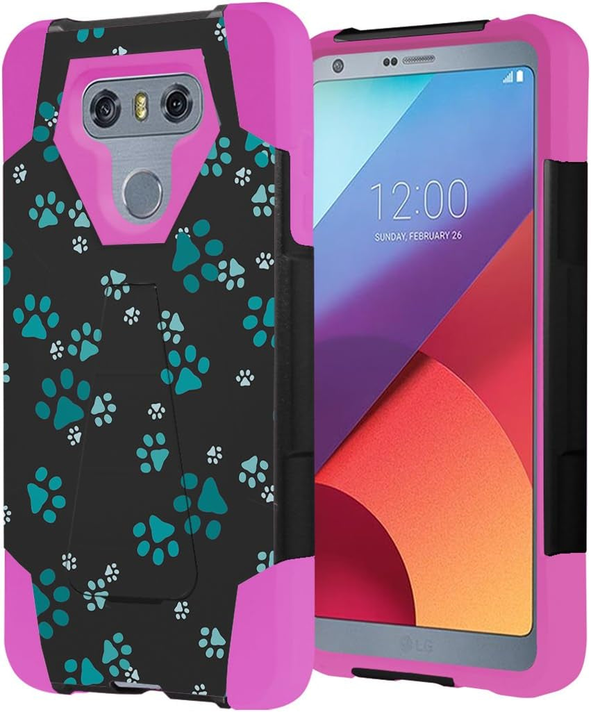 Capsule Case Compatible with LG G6 [Hybrid Fusion Dual Layer Shockproof Combat Kickstand Case Black Pink] for LGG6 LG G6 2017 - (Paw Print Green)  HRWireless   