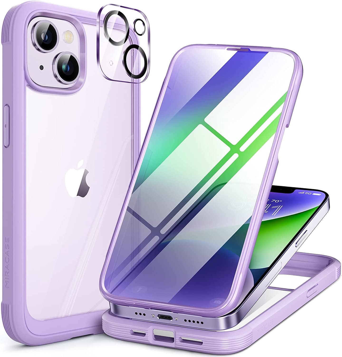 Miracase Glass Series Designed for Iphone 14 Case 6.1 Inch, 2023 Upgrade Full-Body Clear Bumper Case with Built-In 9H Tempered Glass Screen Protector and Camera Lens Protector,Black  Miracase AA-Purple  