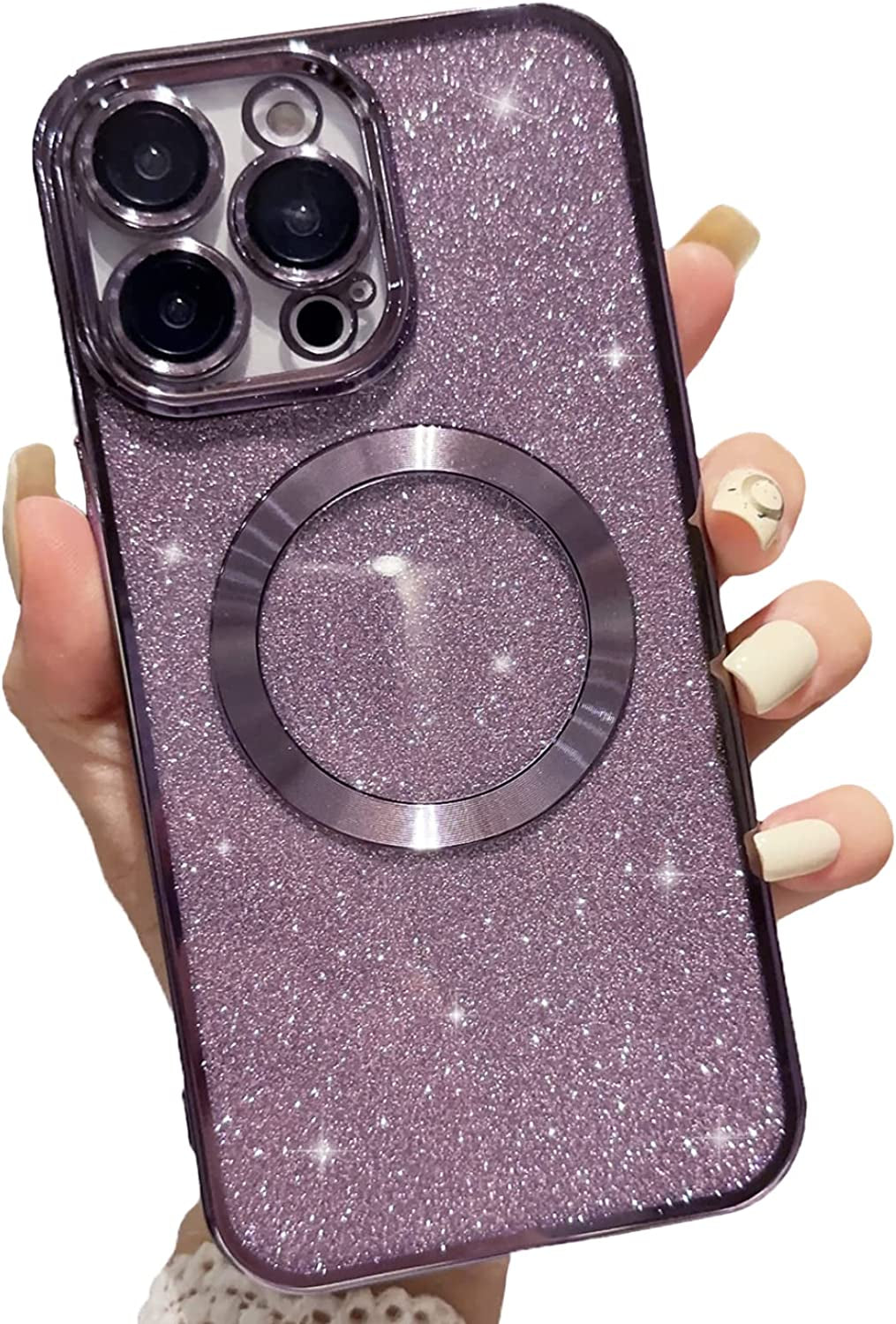 Aowner Magnetic Case for Iphone 14 Pro Glitter Case, Luxury Plating Cute Bling with Camera Lens Protector, Compatible with Magsafe, Slim Thin for Women Girls Protective Clear Phone Case, Blue  aowner Purple  