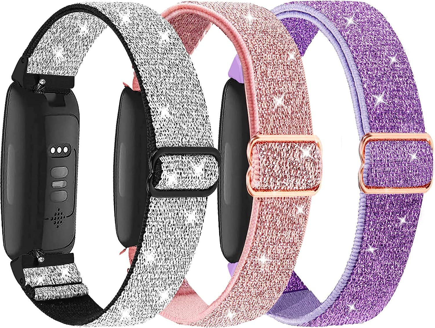 3-Pack Elastic Nylon Bands Compatible with Fitbit Inspire 3/Inspire 2/Inspire Hr/Inspire/Ace 3/Ace 2, Breathable Adjustable Replacement Stretchy Nylon Loop Wristband Sport Strap for Woman Man  voma Bling Silver/ Bling Pink/ Bling Purple  
