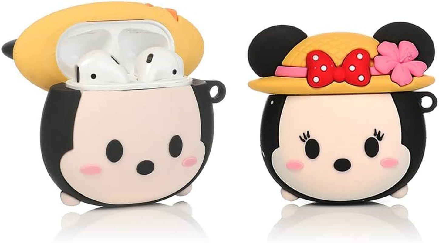 (2 Pack) Cute Airpods 1/2 Case Silicone Cover with Keychain, Cartoon Skin Design Headphones Charging Case Protective Cover Accessories Kits Compatible for Airpods 1 and 2 (Black+White)  BGAANM Minnie+Mickey  