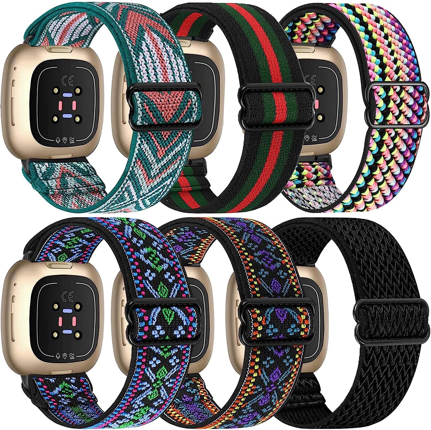 6 Packs Elastic Nylon Bands Compatible with Fitbit Versa 4 / Fitbit Sense 2 / Fitbit Versa 3 / Fitbit Sense, Adjustable Nylon Replacement Straps Wristband for Fitbit Versa 3/4 for Women Men  HUYIIO Boho Green+Boho purple +Arrow+Black green red+ Boho Multiple  