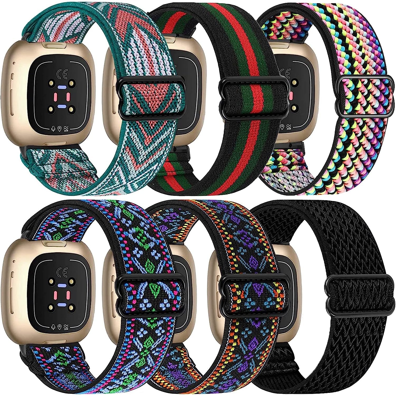 6 Packs Elastic Nylon Bands Compatible with Fitbit Versa 4 / Fitbit Sense 2 / Fitbit Versa 3 / Fitbit Sense, Adjustable Nylon Replacement Straps Wristband for Fitbit Versa 3/4 for Women Men  HUYIIO Boho Green+Boho purple +Arrow+Black green red+ Boho Multiple  