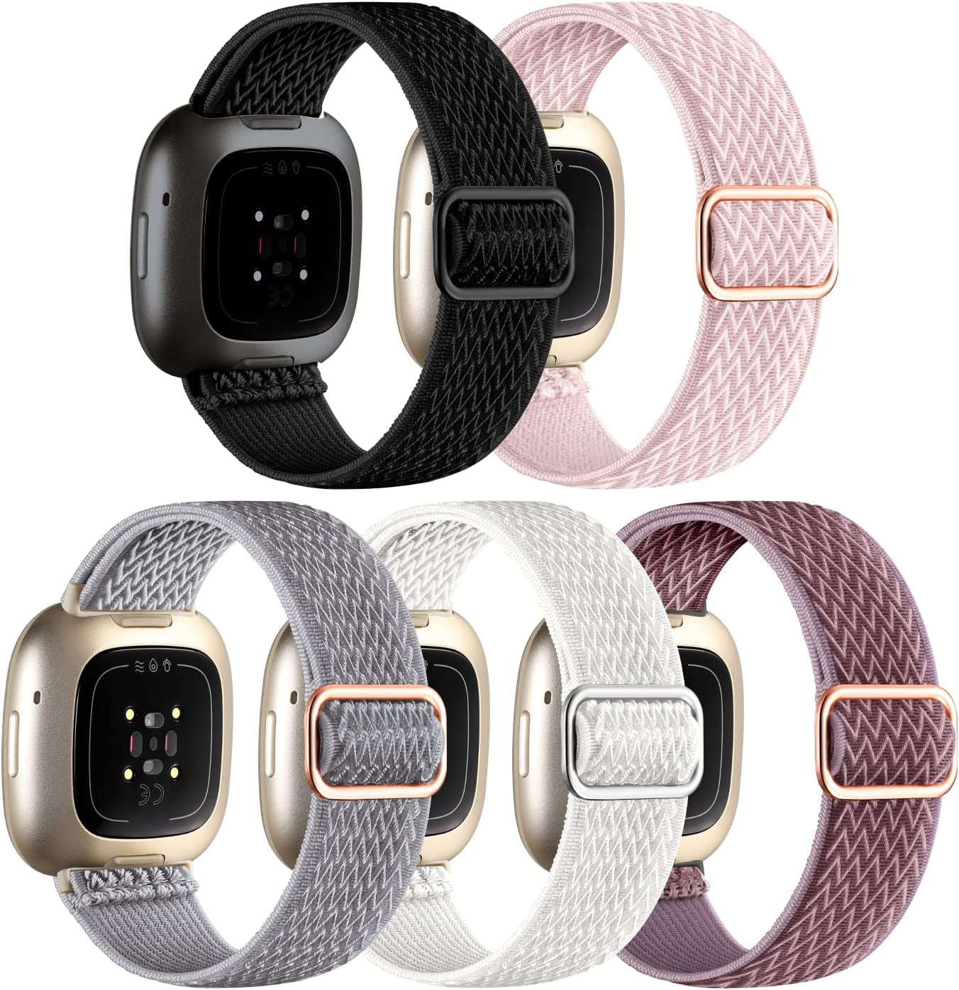 Adorve Compatible with Fitbit Versa 3 Bands/Fitbit Versa 4 Band/Fitbit Sense/Sense 2 Bands for Women Men, Adjustable Stretchy Solo Loop Elastic Nylon Sport Strap for Smartwatch Replacement  25-V3-BElastic-HeiBaiMgfenHuiYxz   