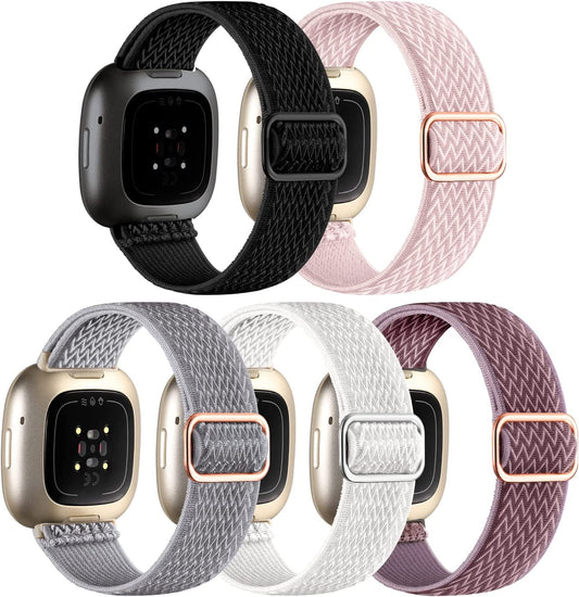 Adorve Compatible with Fitbit Versa 3 Bands/Fitbit Versa 4 Band/Fitbit Sense/Sense 2 Bands for Women Men, Adjustable Stretchy Solo Loop Elastic Nylon Sport Strap for Smartwatch Replacement  25-V3-BElastic-HeiBaiMgfenHuiYxz   