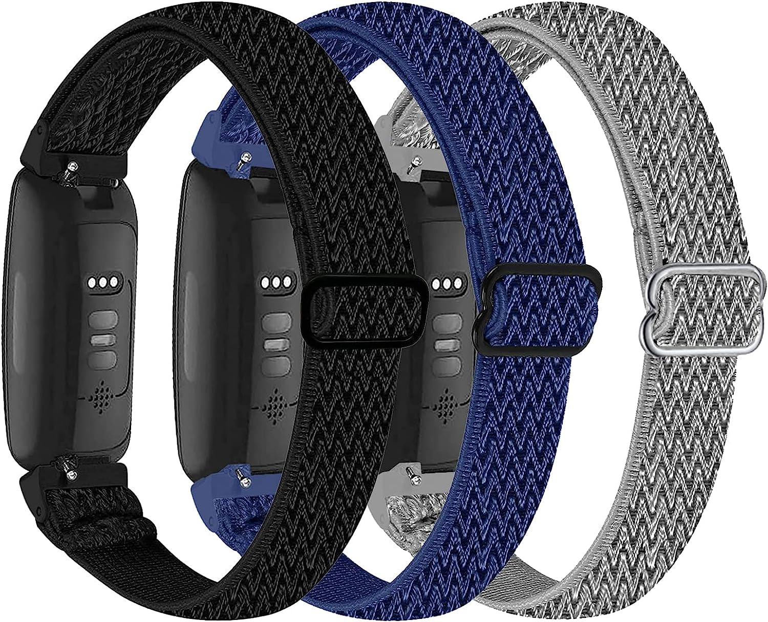 3-Pack Elastic Nylon Bands Compatible with Fitbit Inspire 3/Inspire 2/Inspire Hr/Inspire/Ace 3/Ace 2, Breathable Adjustable Replacement Stretchy Nylon Loop Wristband Sport Strap for Woman Man  voma Black/ Midnight Blue/ Gray  