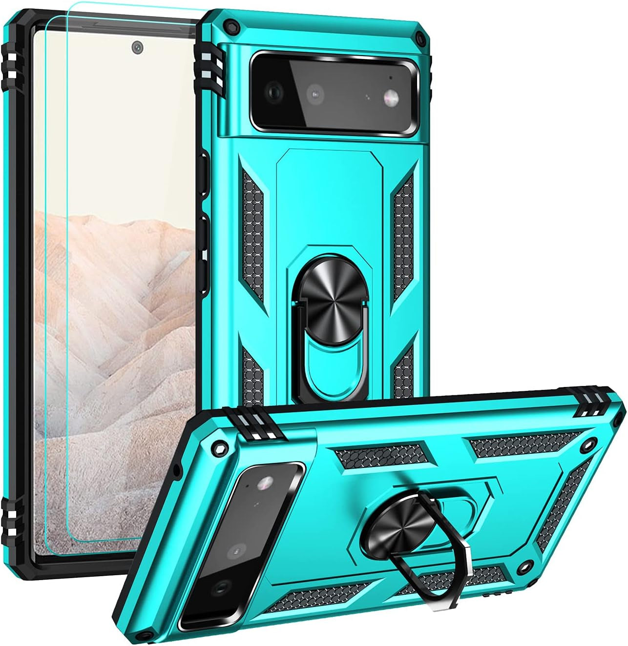Androgate Designed for Google Pixel 6 Case with HD Screen Protectors, Military-Grade Metal Ring Holder Kickstand 15Ft Drop Tested Shockproof Cover Case for Pixel 6 Red  Androgate Teal  