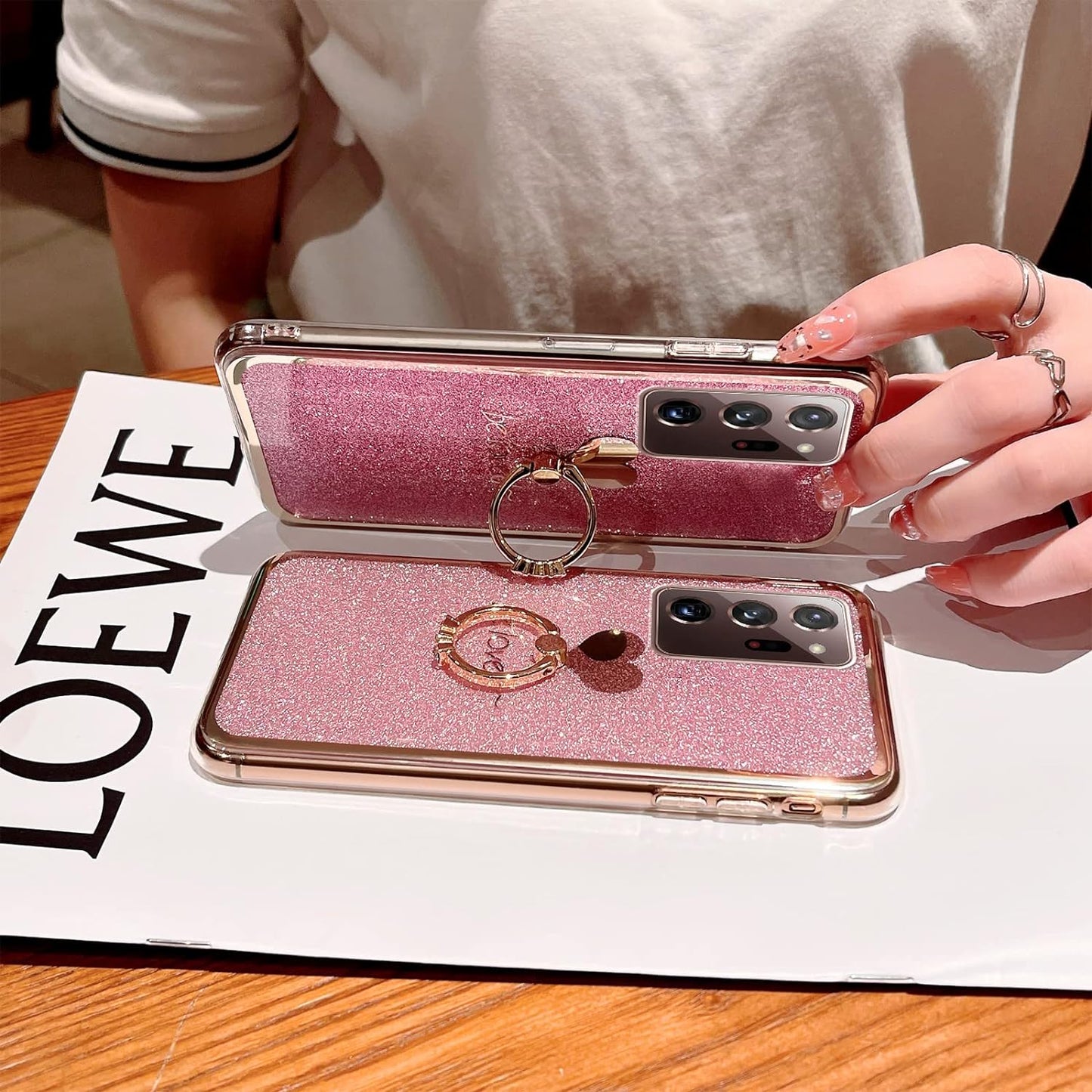 Case for Galaxy Note 20 Ultra 5G Girls Women Cute Luxury Glitter Shiny Sparkly Shell with Ring Stand UPC Soft Slim Bumper Shockproof Protective Phone Cover for Samsung Galaxy Note 20 Ultra 6.9" - Pink  Easyscen   