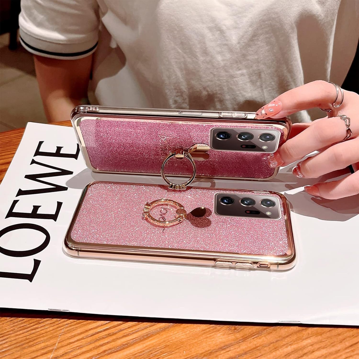 Case for Galaxy Note 20 Ultra 5G Girls Women Cute Luxury Glitter Shiny Sparkly Shell with Ring Stand UPC Soft Slim Bumper Shockproof Protective Phone Cover for Samsung Galaxy Note 20 Ultra 6.9" - Pink  Easyscen   