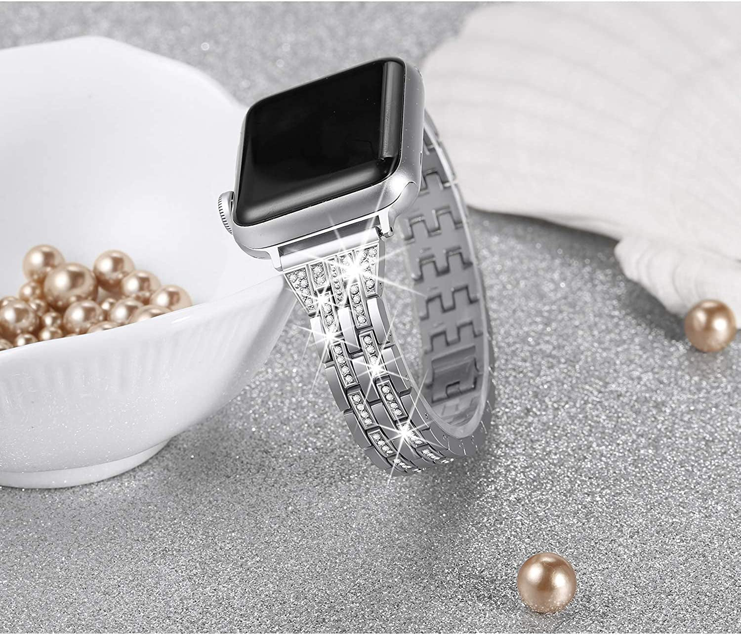Secbolt Bling Bands Compatible with Apple Watch Band 38Mm 40Mm 41Mm 42Mm 44Mm 45Mm Women Iwatch SE Series 8 7 6 5 4 3 2 1, Dressy Jewelry Metal Wristband Strap Diamond Rhinestone  Secbolt   