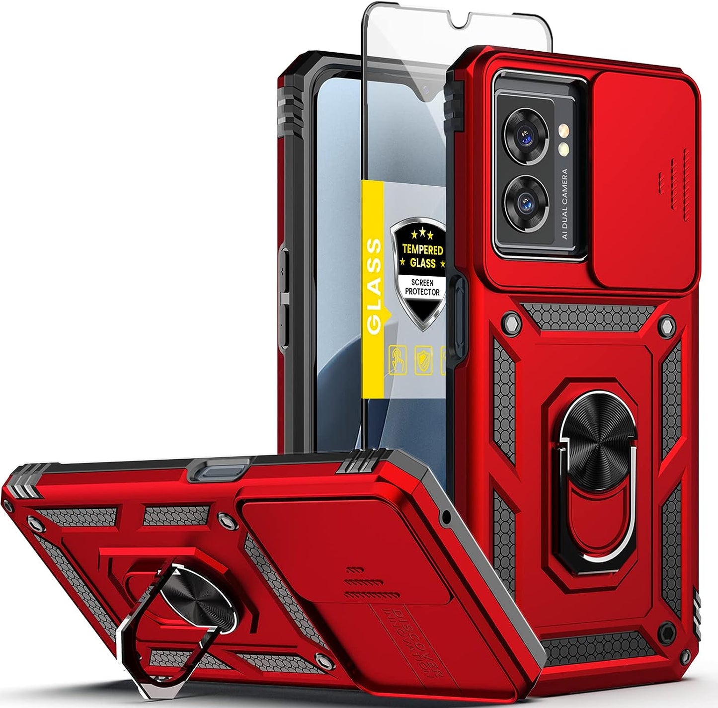 Oneplus Nord N300 5G Case + Tempered Glass Screen Protector with Kickstand & Slide Lens Protector Cover,Heavy Duty Armor Shockproof Rugged Military Grade Protective Case for Oneplus N300 5G (Navy)  Dretal Red Oneplus Nord N300 5G 