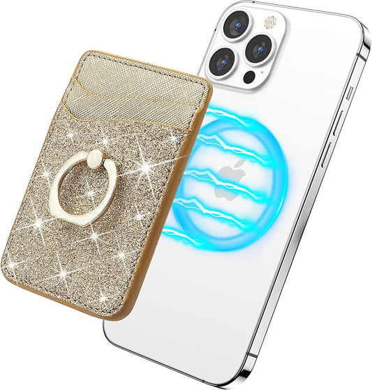 Gospire Magnetic Phone Wallet, Leather Cell Phone Card Holder, Magsafe Wallet with Ring & [Credit Card RFID Blocking] 360°Rotation Phone Stand Compatible with All Smartphones with 2 Metal Rings, Gold  Gospire   
