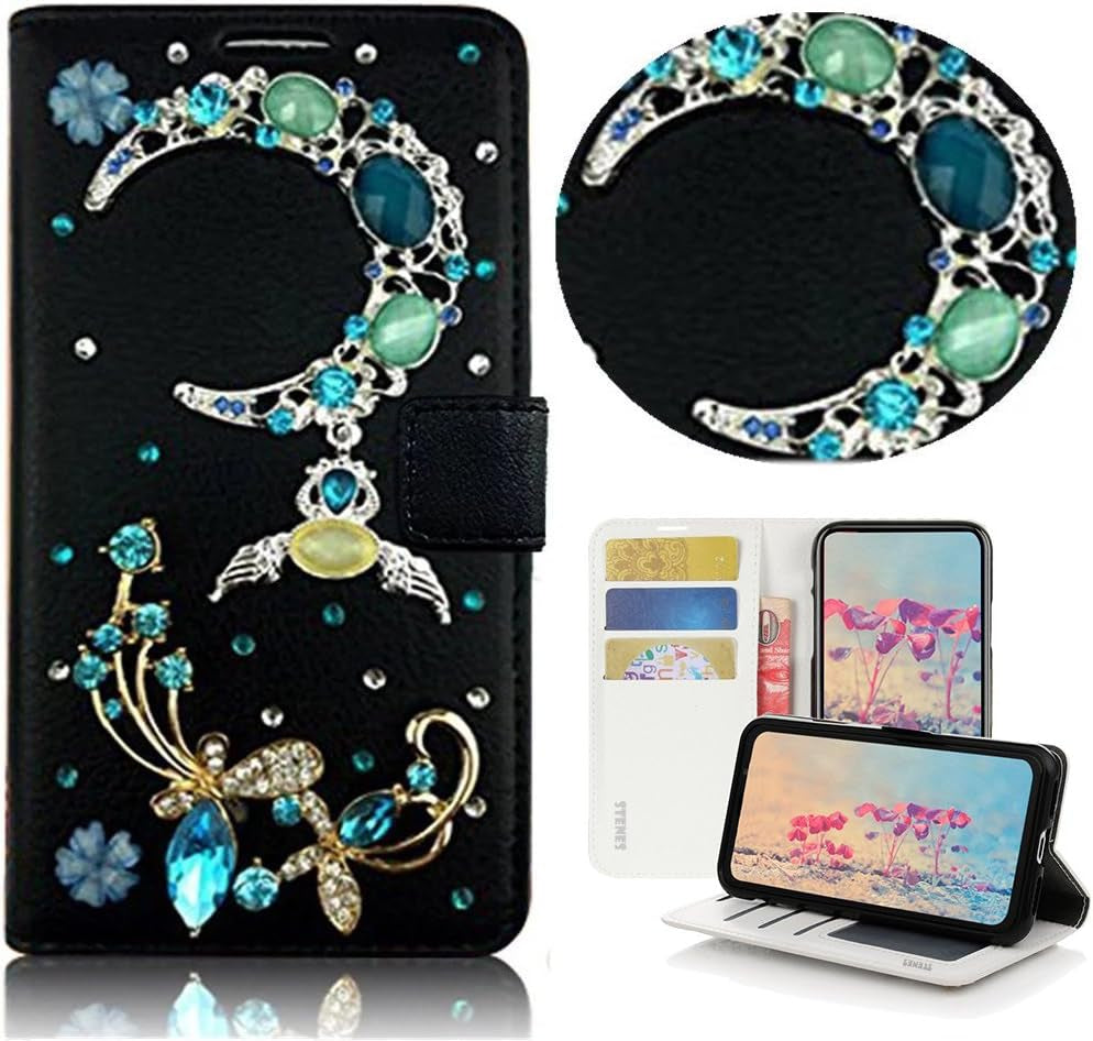 STENES LG G6 Case, LG G6 plus Case - STYLISH - 3D Handmade Bling Crystal Fairy Design Wallet Credit Card Slots Fold Stand Leather Cover Case for LG G6/LG G6 plus - Black  STENES Butterfly Crescent Moon / Green  