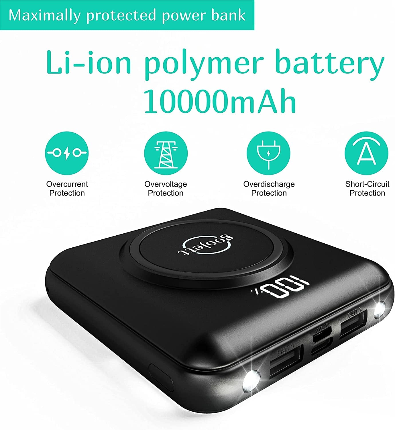 Wireless Portable Charger Power Bank 10000Mah Portable Phone Charger,Iphone Charger with Built in 4 Cable, Usb-C-Wireless Charging External Battery Pack Backup Compatible with Iphone, Samsung, Ipad 1  goojett   