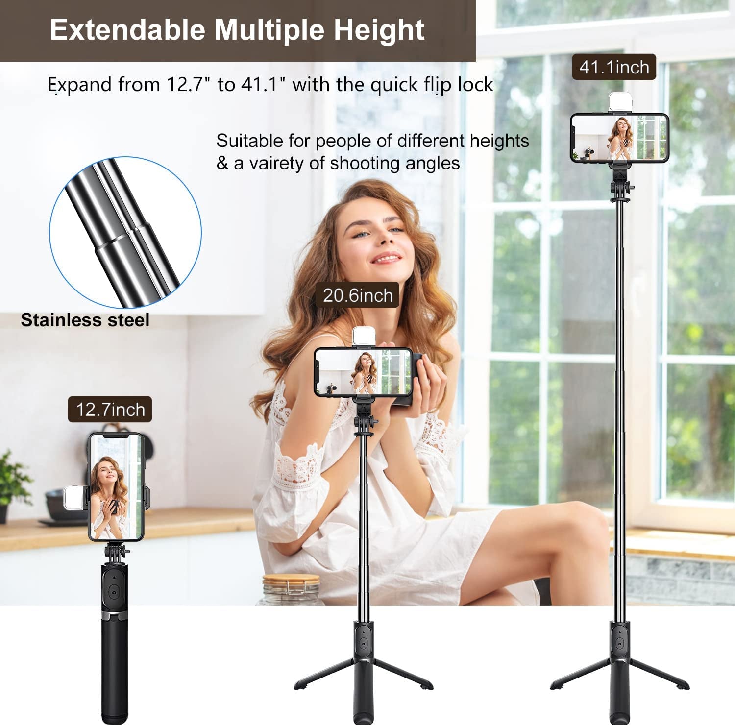 Phone Tripod, 41" Lighted Selfie Stick Phone Tripod Stand, Extendable Tripod Phone Holder, Perfect for Video Recording, Live Streaming, Compatible with Smartphone Camera (Black).  SkyWattz   