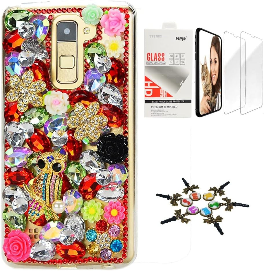 STENES Bling Case Compatible with LG V40 Thinq - Stylish - 3D Handmade [Sparkle Series] Luxury Peacock Flowers Design Cover with Screen Protector [2 Pack] - Red  STENES Bling Night Owl Flowers Floral / Red Design For Lg G6 / Lg G6 Plus 