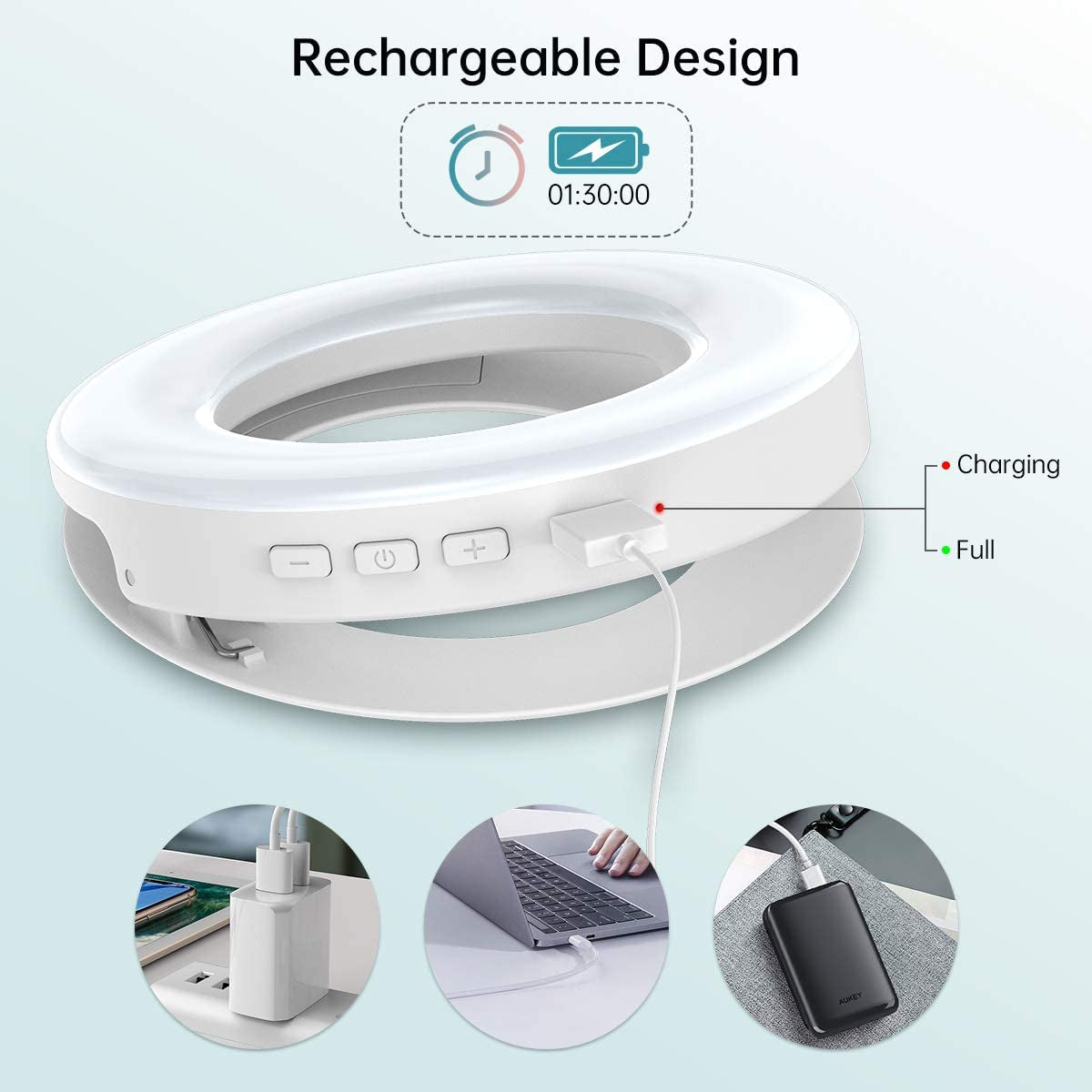 Benbilry Clip on Selfie Ring Light, [Rechargeable] [3 Light Modes] with 60 LED, 4-Level Mini Circle Light for Iphone/Android Cell Phone Ipad Laptop Photography, Camera Video, Girls Make Up  Benbilry   