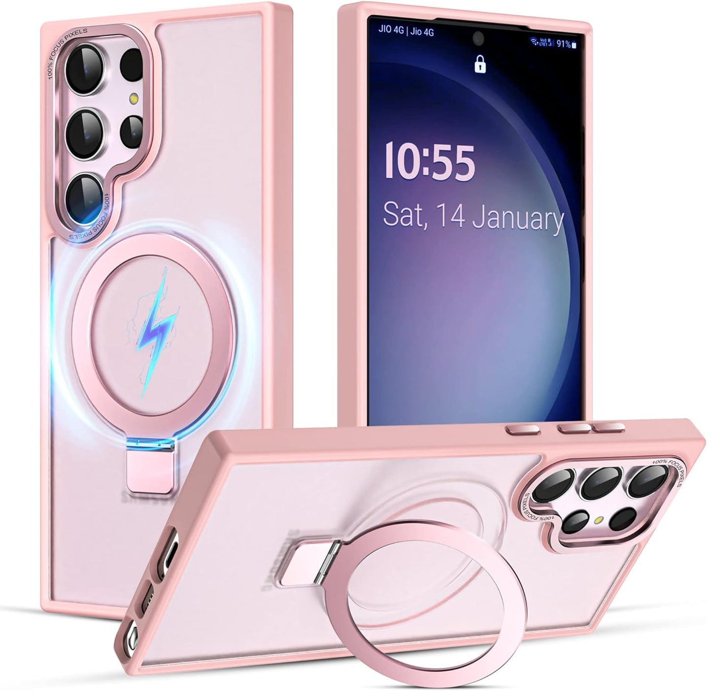 Cyberowl for Samsung Galaxy S23 Ultra Case with [3 in 1] Magnetic-Ring Stand, Military-Grade Drop Protection Translucent Matte Case for Women Men, Black  Cyberowl Pink  