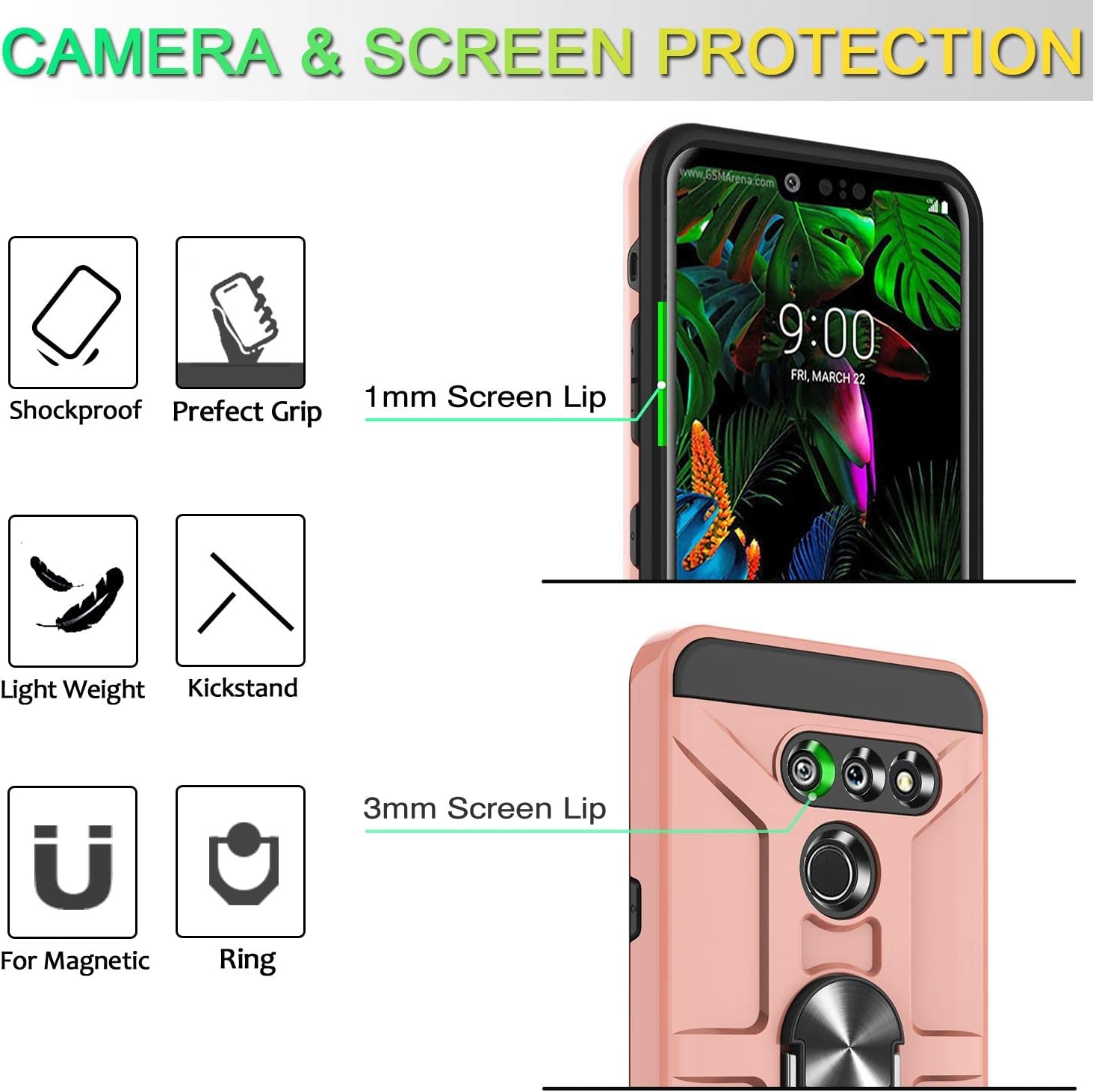 G8 Thinq Case, G8 Case with HD Screen Protector, Atump 360° Rotation Ring Holder Kickstand [Work with Magnetic Car Mount] PC+ TPU Phone Case for LG G8, Rose Gold  Atump   