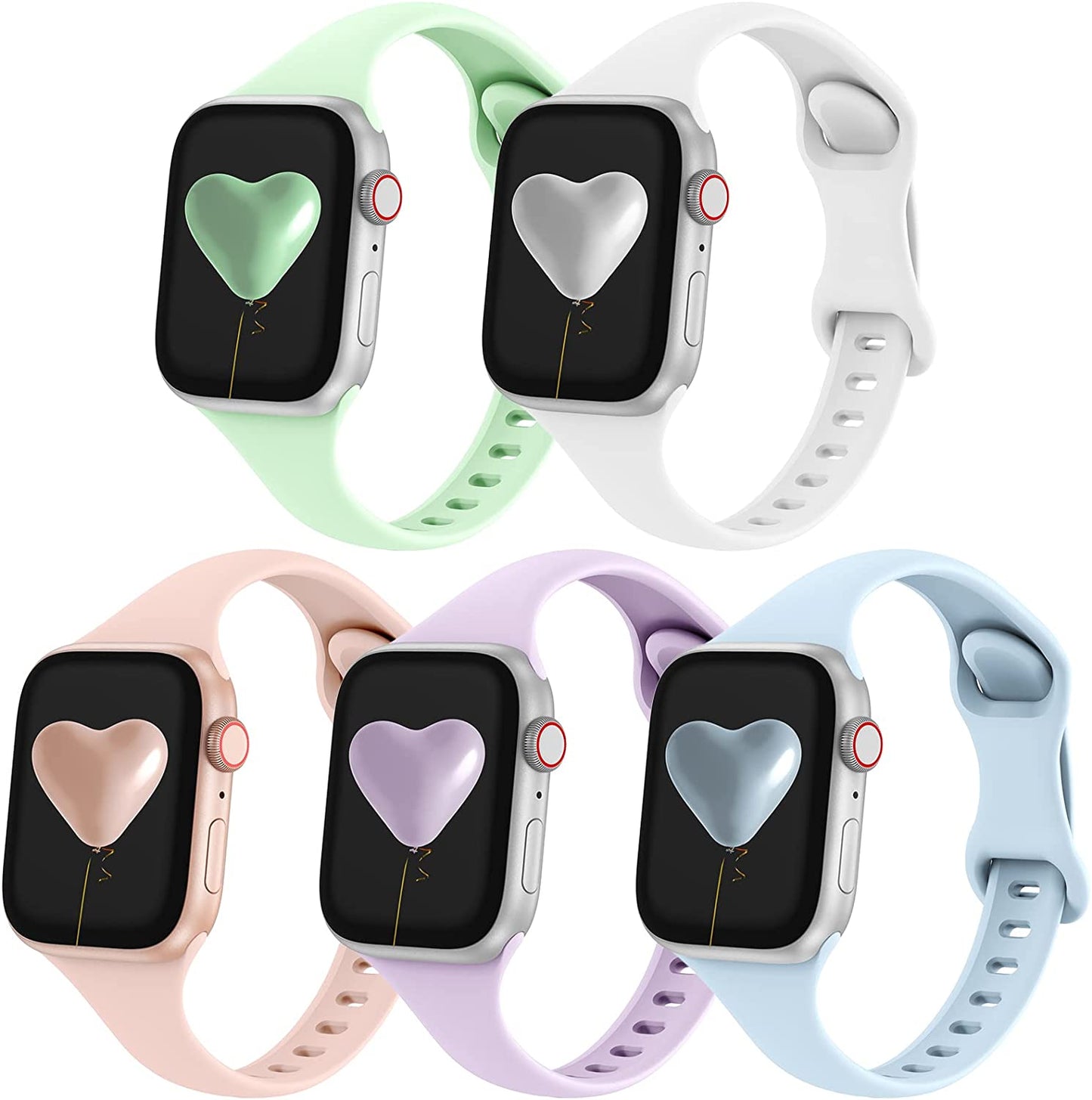 Qrose 5 Pack Bands Compatible with Apple Watch 38Mm 40Mm 41Mm 42Mm 44Mm 45Mm 49Mm, Slim Thin Narrow Replacement Silicone Sport Strap Wristbands for Iwatch Series Ultra 8/7/6/5/4/3/2/1 SE Women Men  QRose Light Green/White/Pink Sand/Lavender/Light Blue 38mm/40mm/41mm 