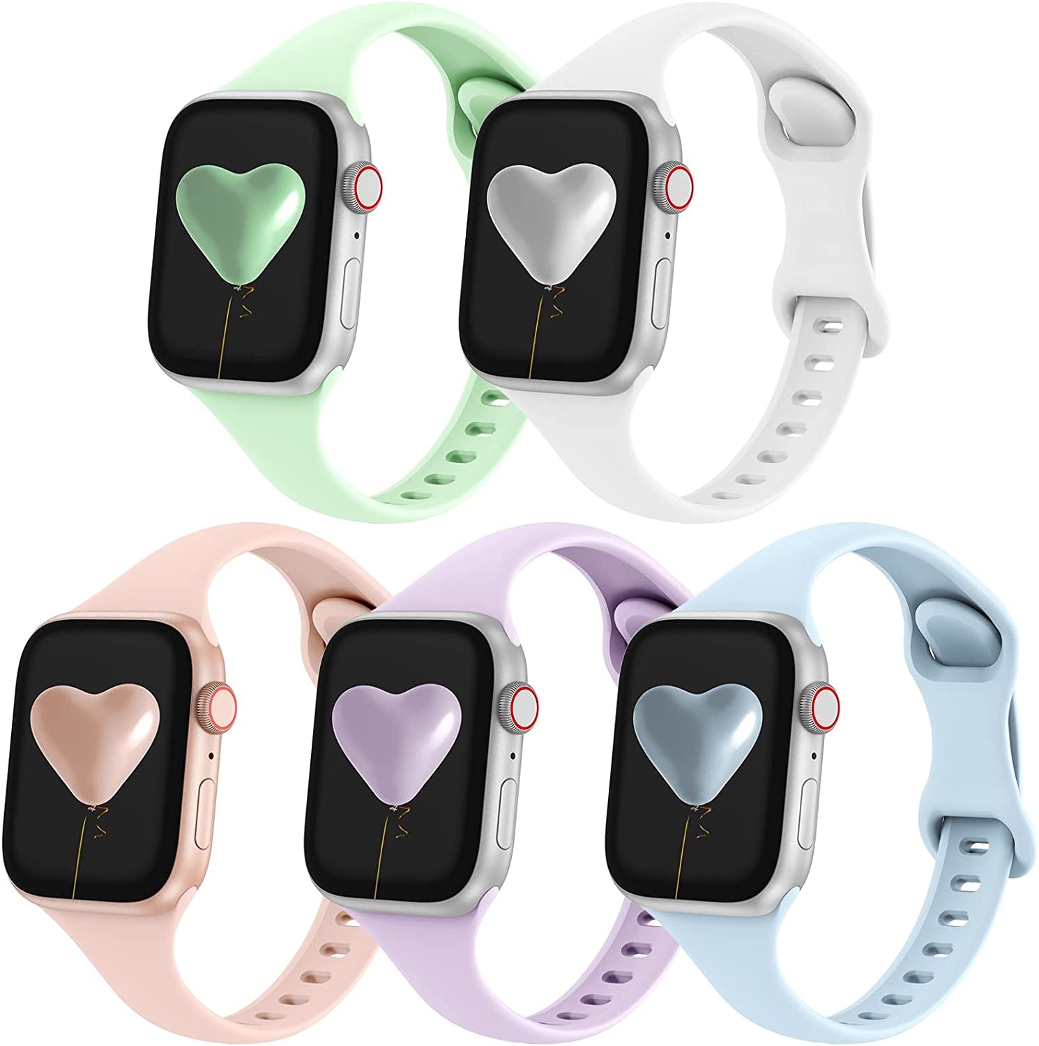 Qrose 5 Pack Bands Compatible with Apple Watch 38Mm 40Mm 41Mm 42Mm 44Mm 45Mm 49Mm, Slim Thin Narrow Replacement Silicone Sport Strap Wristbands for Iwatch Series Ultra 8/7/6/5/4/3/2/1 SE Women Men  QRose Light Green/White/Pink Sand/Lavender/Light Blue 38mm/40mm/41mm 