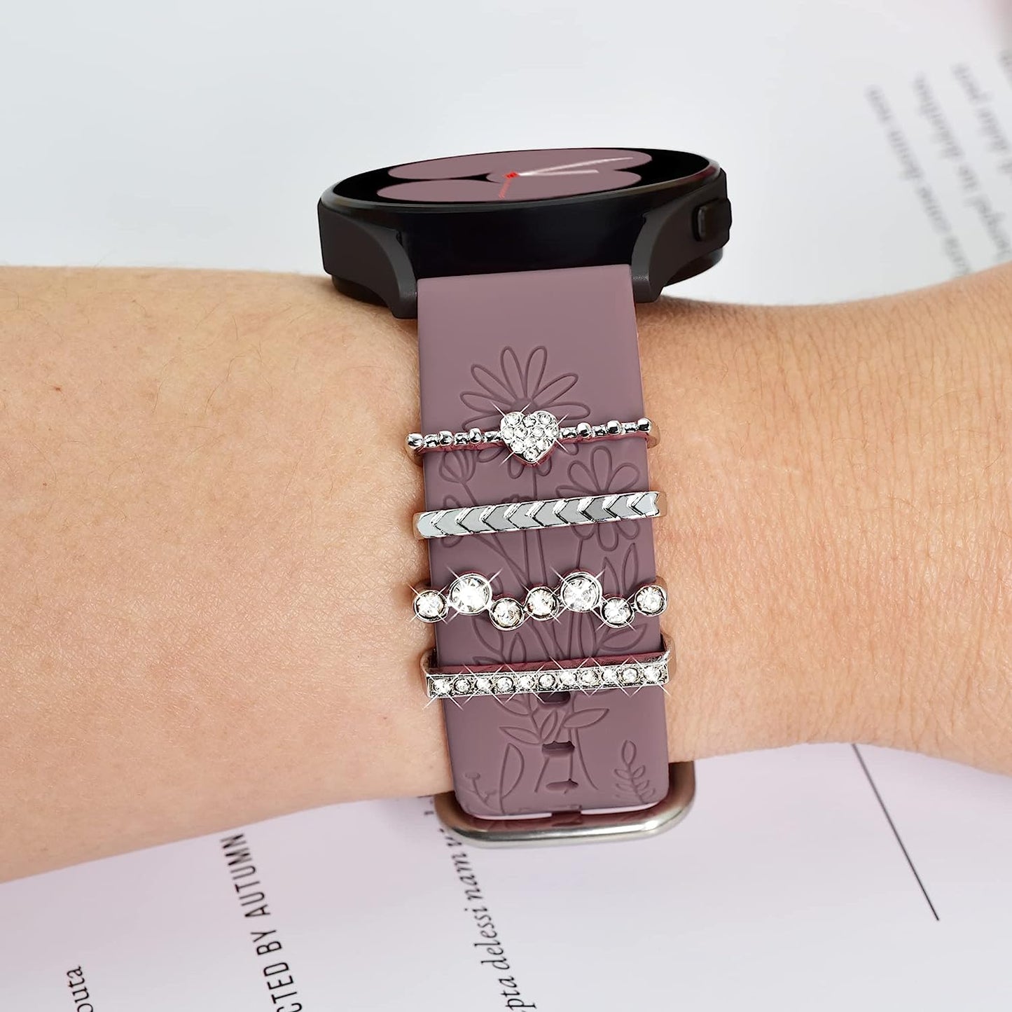 6 Pack Bands for Samsung Galaxy Watch 5 & 4 Band with 4 Charms, YOPICKERN 20Mm Women Floral Engraved Silicone Strap with Decorative Rings Loops for Active 2/Watch 5 Pro/Watch 4 Classic 46Mm 42Mm/Watch 3 41Mm  YOPICKERN   