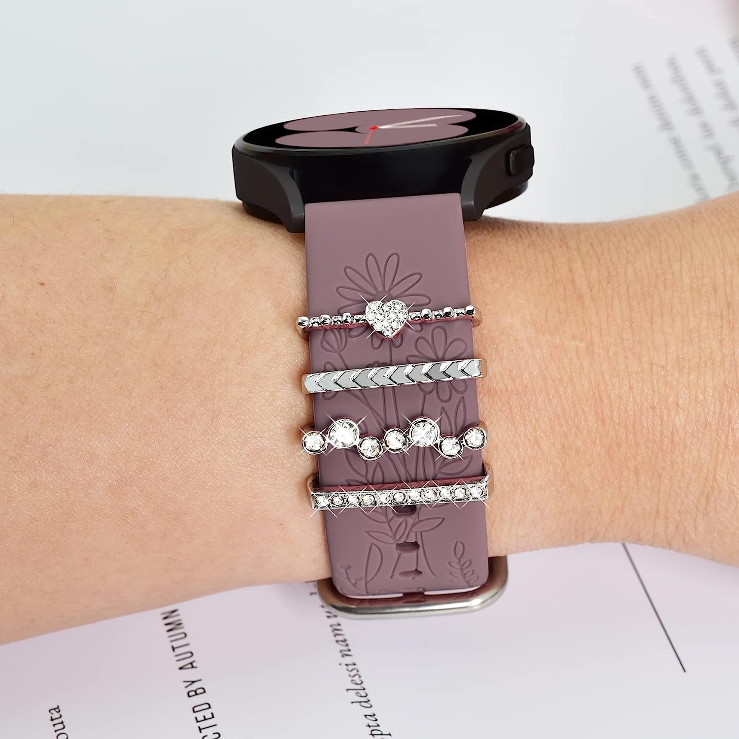 6 Pack Bands for Samsung Galaxy Watch 5 & 4 Band with 4 Charms, YOPICKERN 20Mm Women Floral Engraved Silicone Strap with Decorative Rings Loops for Active 2/Watch 5 Pro/Watch 4 Classic 46Mm 42Mm/Watch 3 41Mm  YOPICKERN   