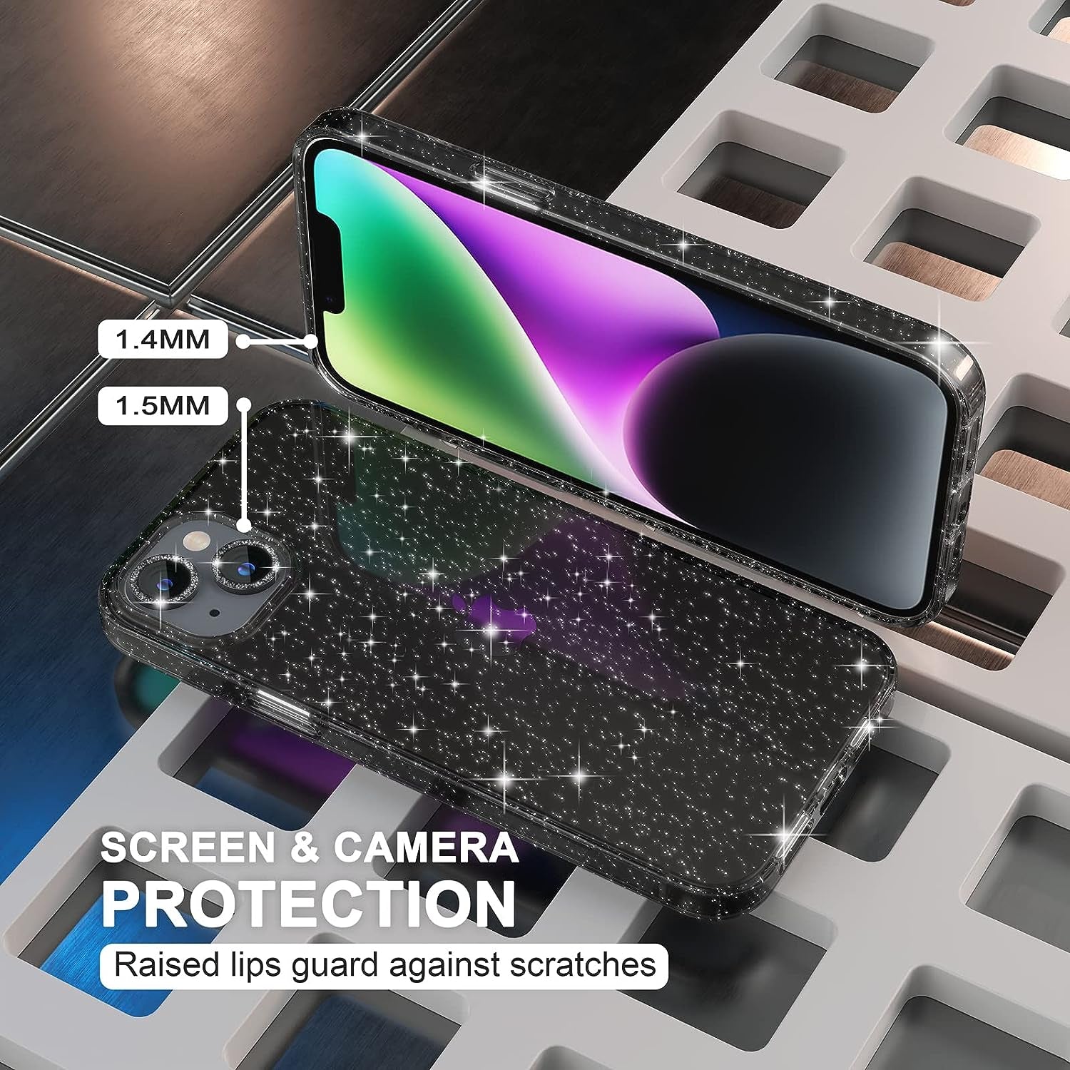 Choiche Compatible for Iphone 14 plus Case Cute, Women Clear Glitter Bling Sparkly Case, [2 X Diamond Camera Lens Protectors] [2 X Tempered Glass Screen Protectors] 6.7-Inch (Glitter Black)  Choiche   