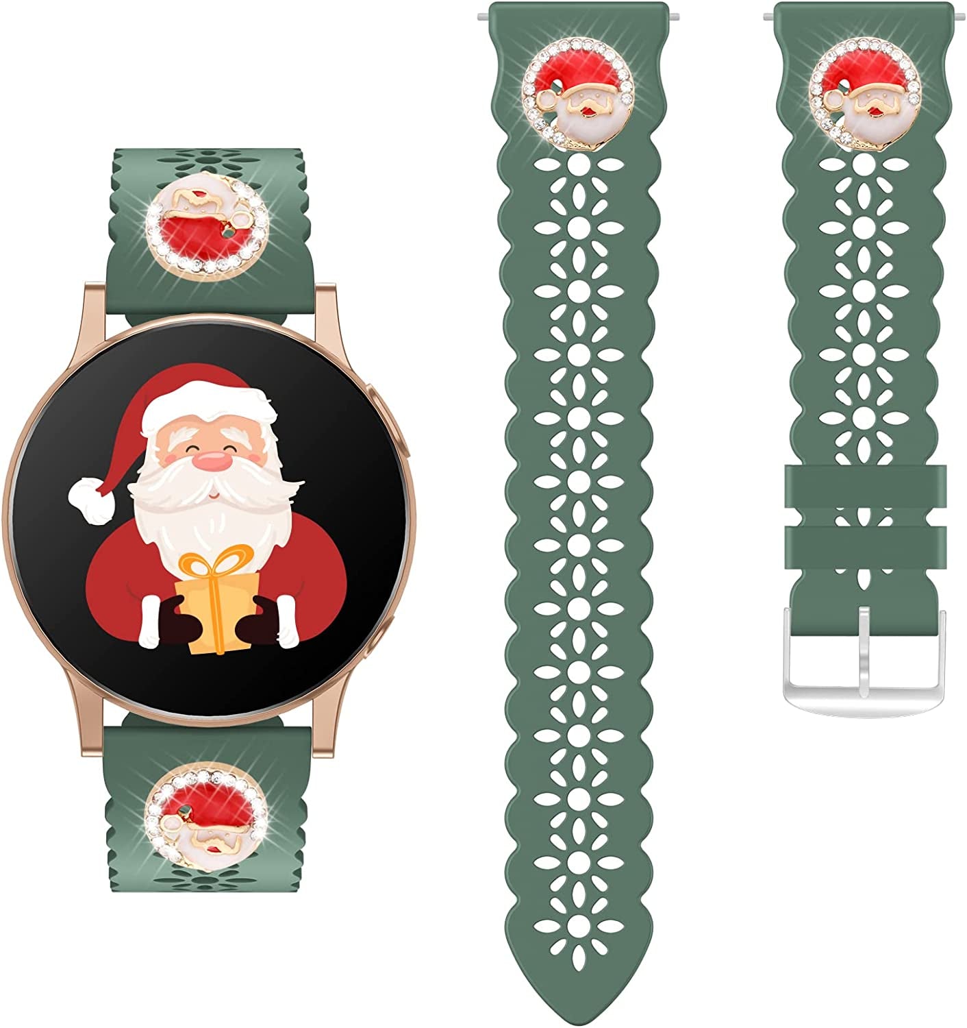 Lace Silicone Band 20Mm Compatible for Samsung Galaxy Watch 4 40Mm 44Mm/Watch 3 41Mm/Active 2 Watch Bands 40Mm 44Mm/Watch 4 Classic 42Mm 46Mm, Slim Bands Soft Smartwatch Strap for Women(Black)  Seizehe Pine Green with Christmas hat charms  