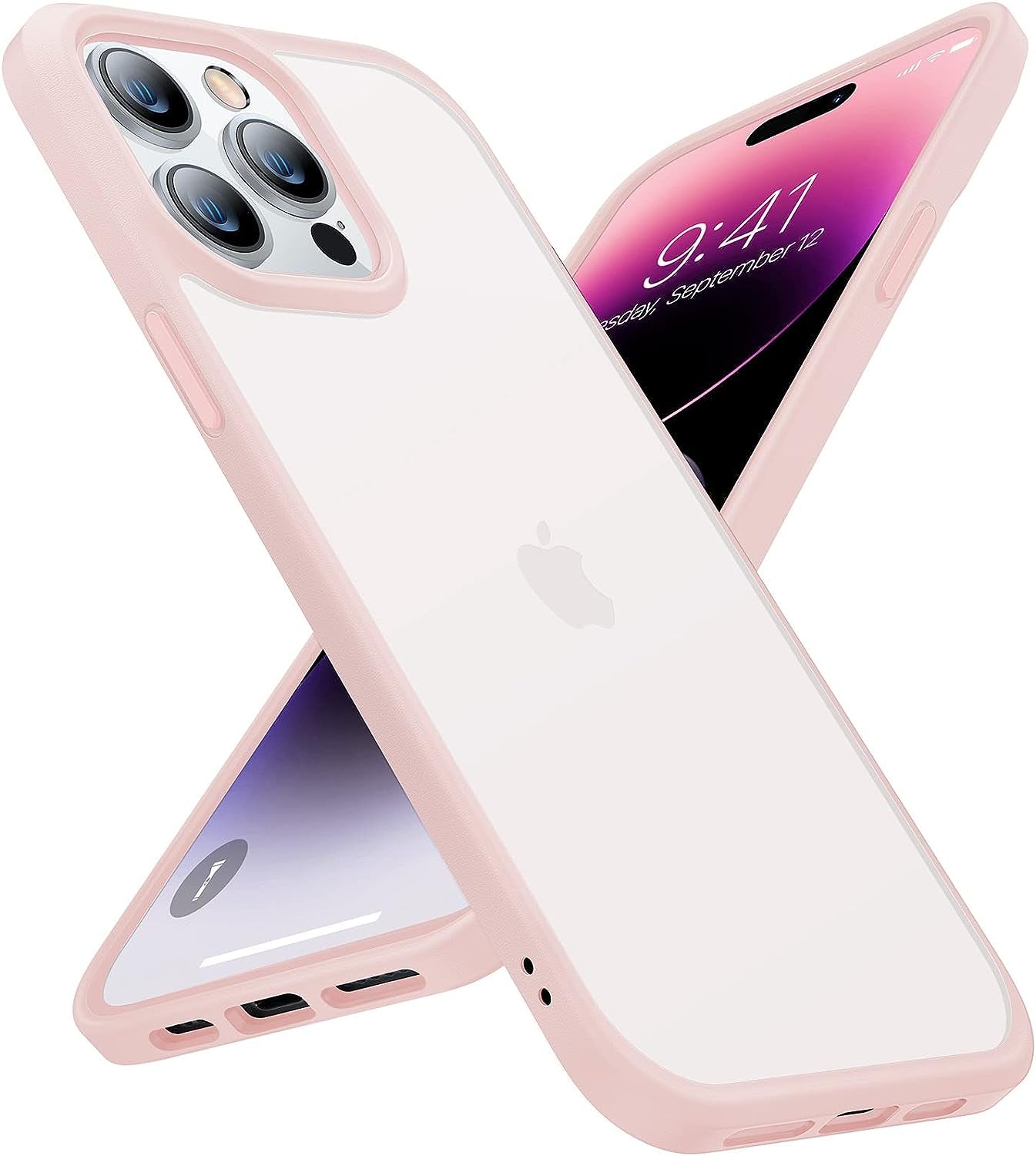 TORRAS Shockproof Designed for Iphone 14 Pro Case, [Military-Grade Drop Tested] Translucent Matte Hard Back with Silicone Slim Protective Anti-Fingerprint Anti-Scratch Phone Case Guardian 2022, Blue  TORRAS Pink  