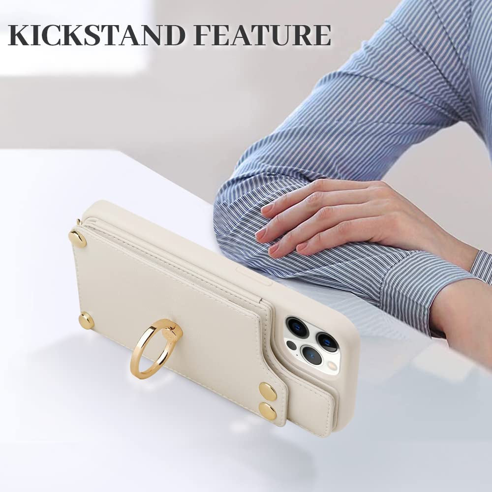 LAMEEKU Magsafe Wallet Case Compatible with Iphone 13 Pro Max with Crossbody, Leather Case with Card Holder 360°Rotation Ring Kickstand Cover with Mirror Designed for Iphone 13 Pro Max 6.7'' Beige  LAMEEKU   