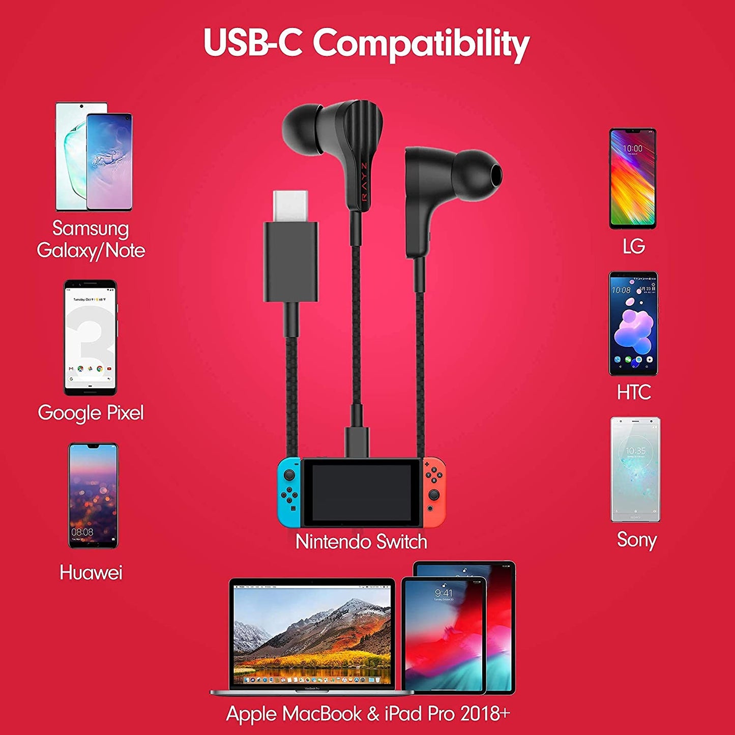 RAYZ Smart USB-C Headphones Earphones – Magnetic Braided Cable Earbuds W/Microphone & Volume Control Compatible with Nintendo Switch, Android, Google Pixel 4/3/2/XL, Macbook, Ipad Pro (Black)  RAYZ   
