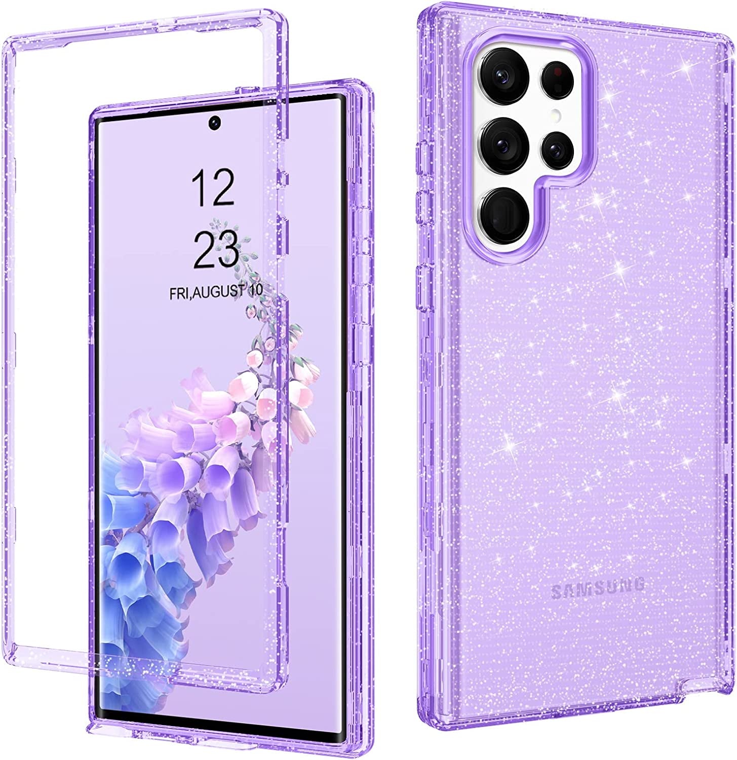DUEDUE for Samsung Galaxy S22 Ultra 6.8" 5G Case Glitter Full Body Protective 3 in 1 Heavy Duty Hybrid Hard PC Rugged Shockproof Women Transparent Bling Sparkle Cover for Samsung S22 Ultra, Pink Clear  DUEDUE 301-Purple Clear  