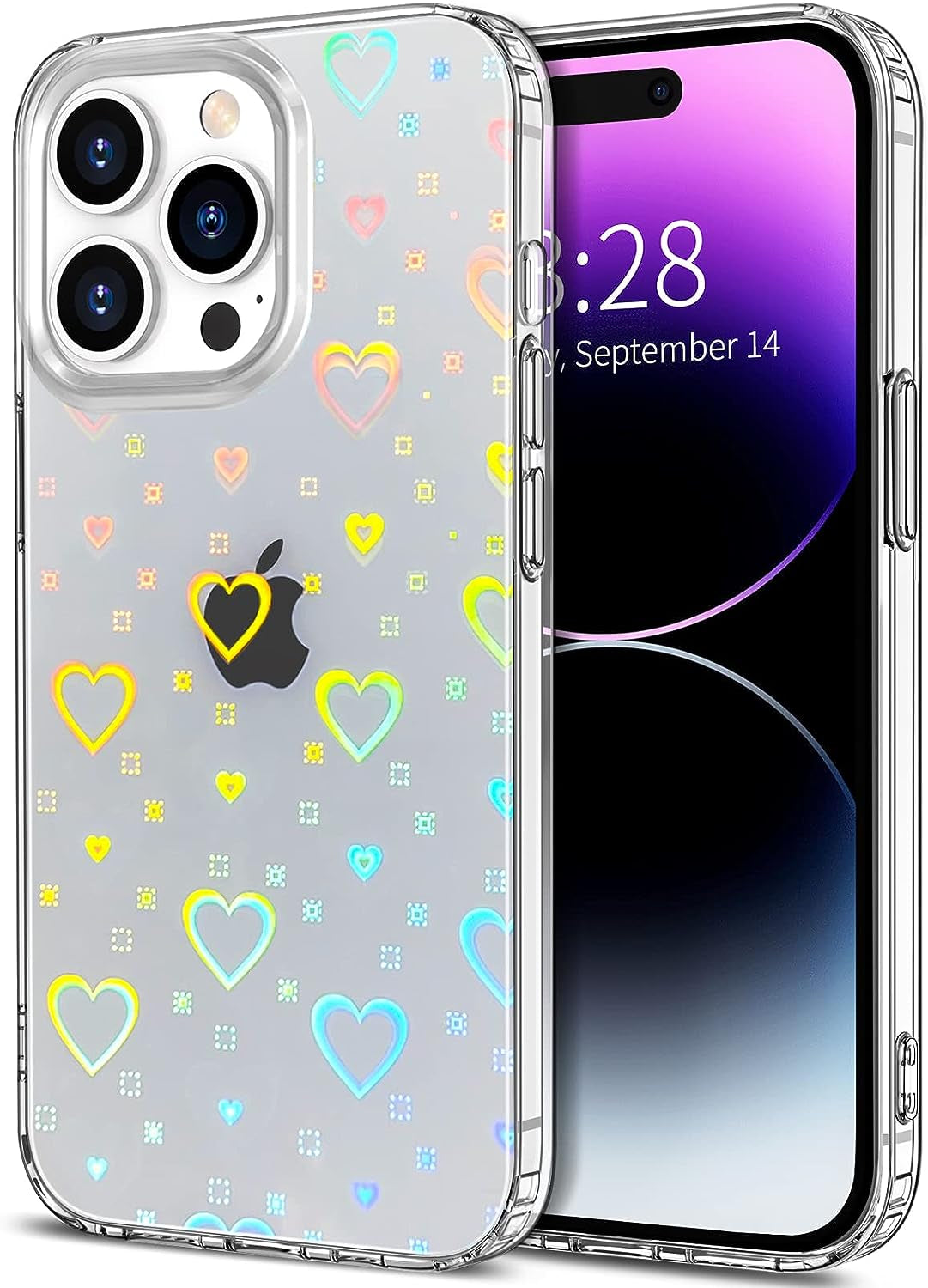 LOEV Compatible with Iphone 14 plus 6.7 Inch Clear Holographic Heart Phone Case, Laser Rainbow Love Heart Cute Pattern Design Phone Case Protective Shockproof Hard PC & Soft TPU Cover for Women Girl  LOEV Iphone 14 Pro  