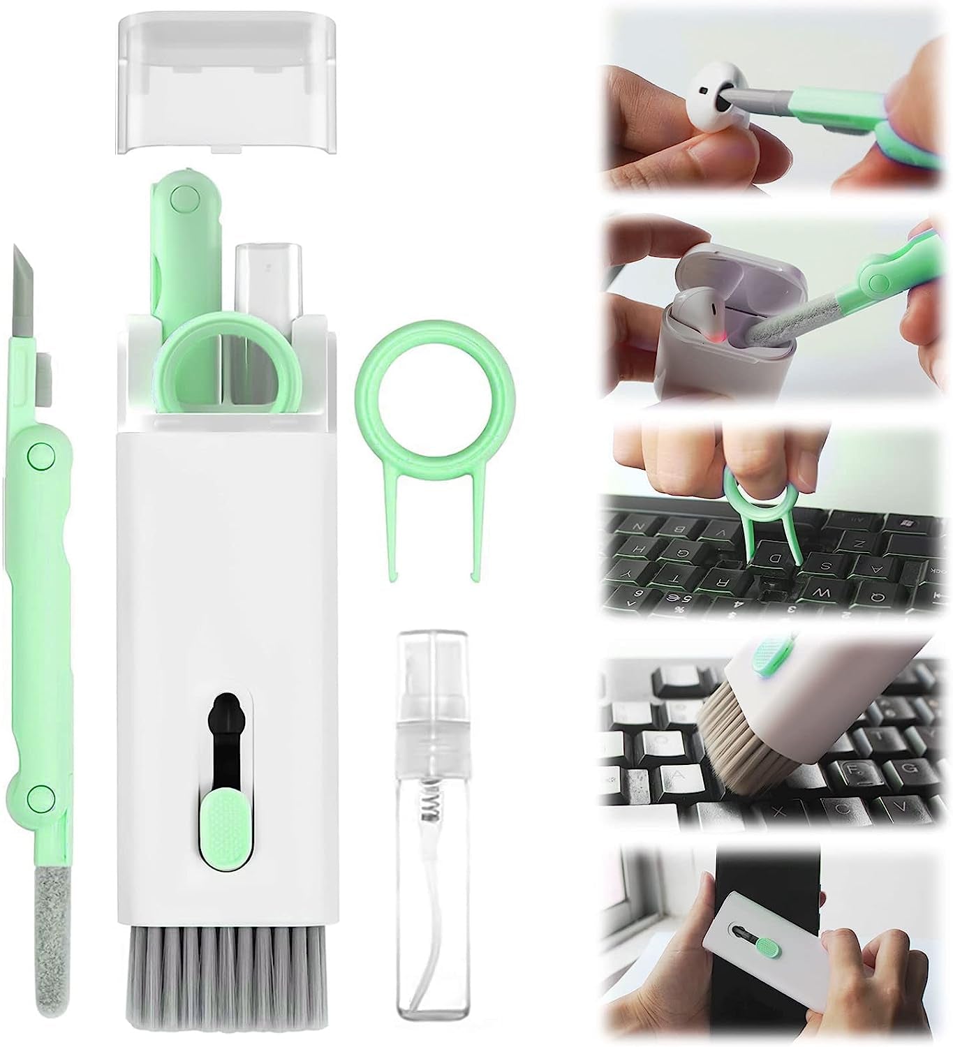 7-In-1 Electronics Cleaner Kit for Laptop Keyboard Airpods Pro Macbook Earbuds, Multi-Function Cleaning Kit for Keyboard Laptop Phone Macbook Computer PC Ear Bud Tablet Earphones Ipod Iphone - Black  zaiwan Green  
