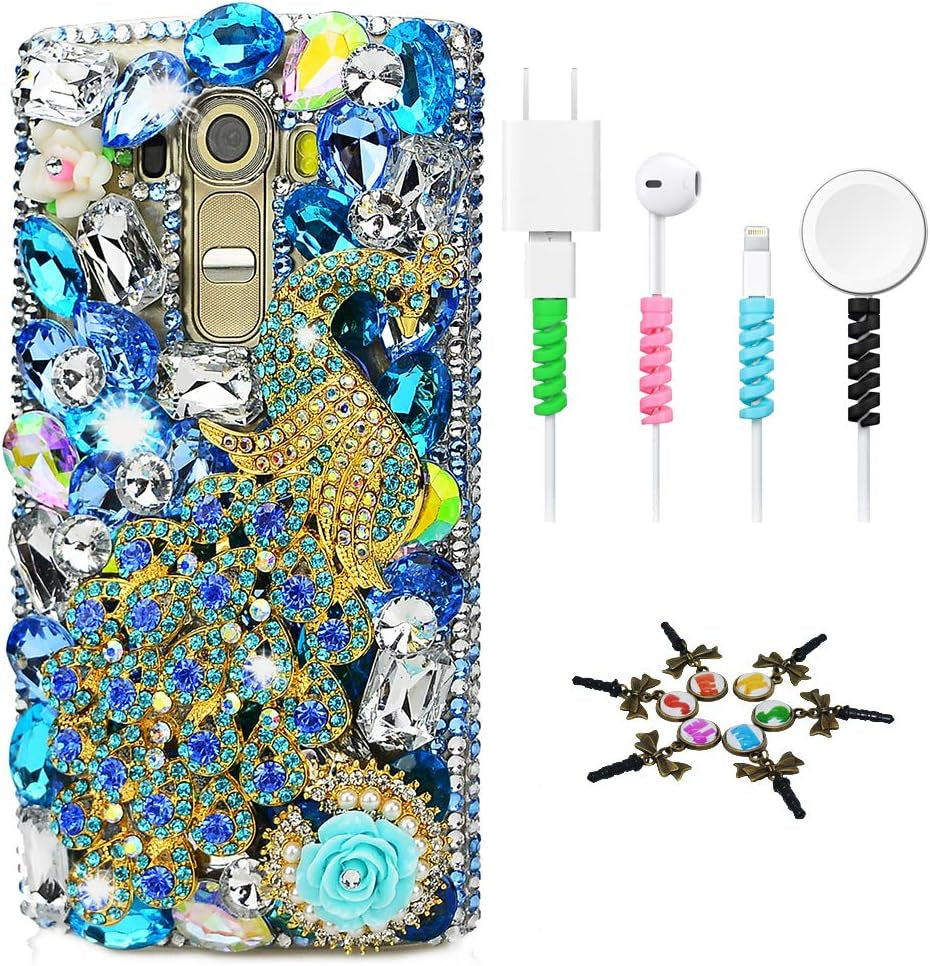STENES Bling Case Compatible with LG G8 Thinq - Stylish - 3D Handmade Sparkle Series Pretty Rhinestones Design Cover with Cable Protector [4 Pack] - White  STENES Pretty Peacock Rose Flowers / Blue Design For Lg G8 Thinq 