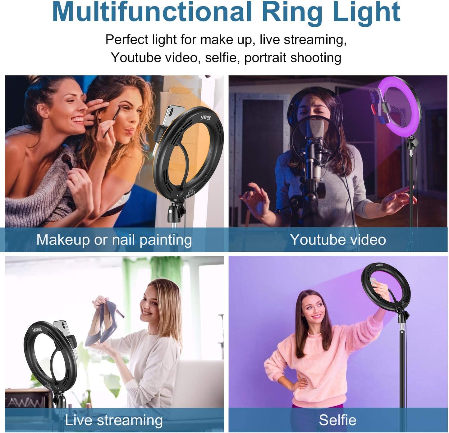 10" RGB Selfie Ring Light, LED Ringlight 3200-6500K with Tripod Stand & Cell Phone Holder for Live Stream/Make Up/Youtube/Tiktok/Photography/Video Recording Compatible with Iphone & Android Phone  LAVKOW   