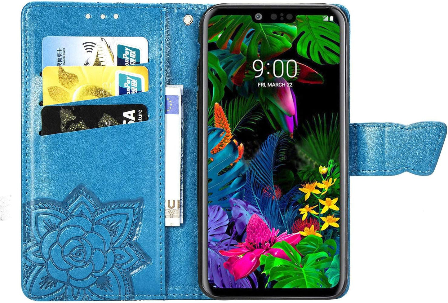Case for LG G8 Thinq Cover,Embossing Mandala Butterfly Rose Vine Flip Folio Wallet Case PU Leather Stand Card Slots Protective Case Cover + Dust Plug Stylus for LG G8 Thinq Wallet Case,Blue  ikasus   