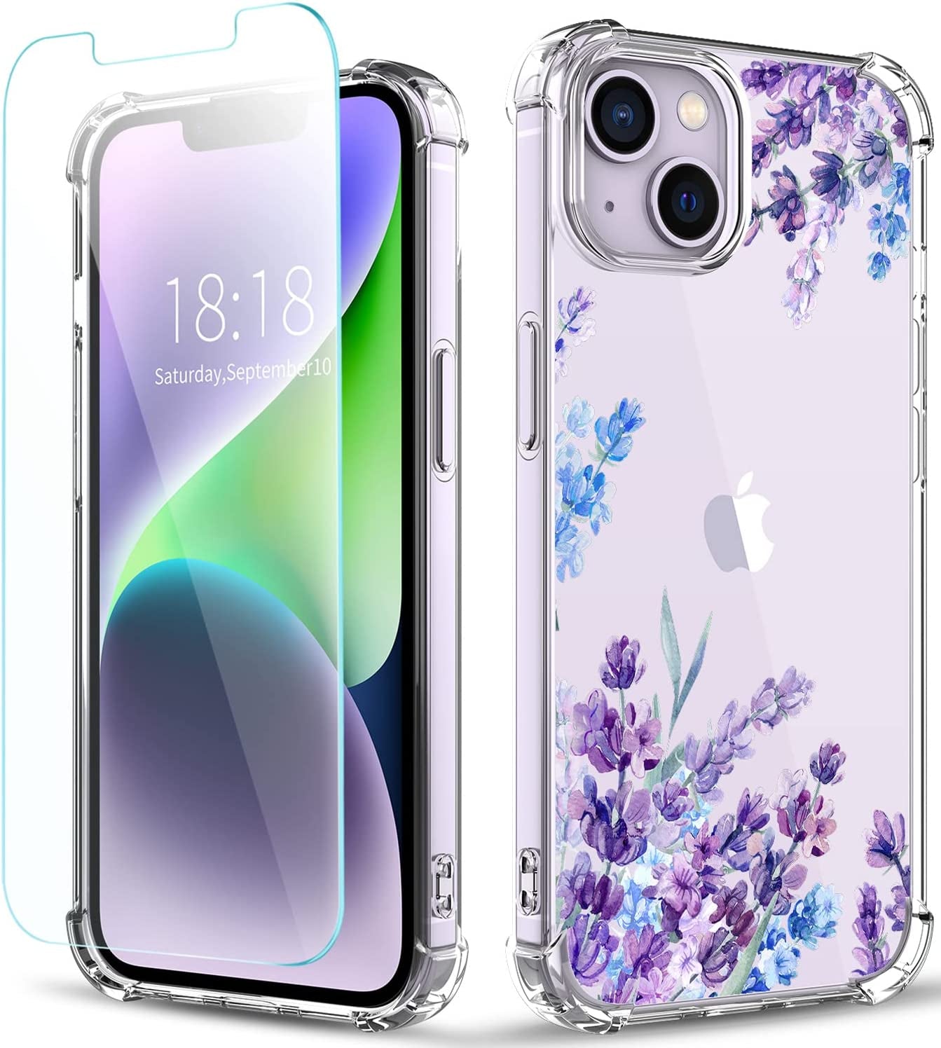 YOYORI Compatible with Iphone 14 Case with Screen Protector, Flower Pattern Design, Floral Clear Women Phone Case Shockproof Protective Soft TPU Bumper Cover 6.1 Inch 2022(Hibiscus)  YOYORI Lavender/Purple  