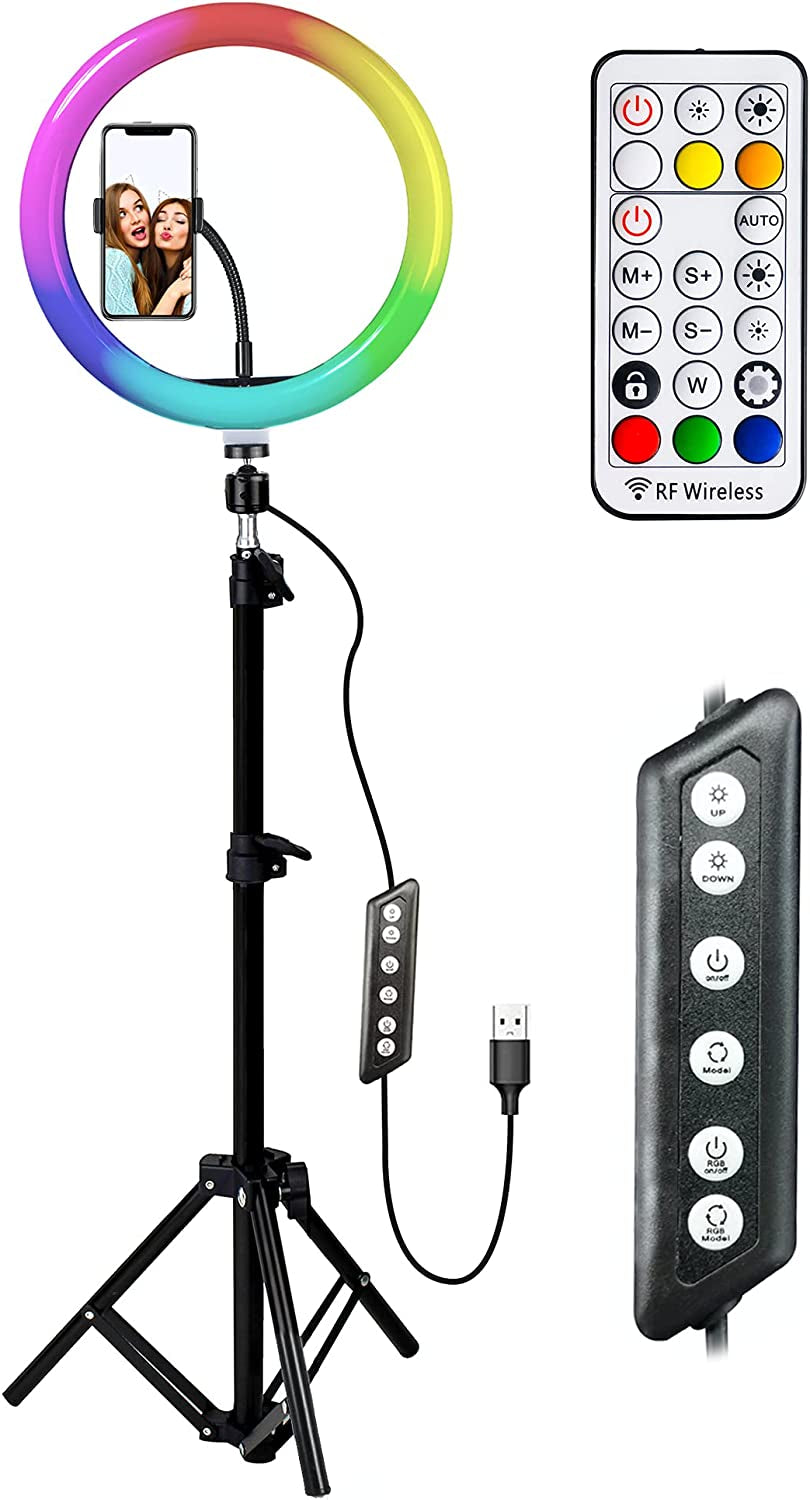 Aduro U-Stream Selfie RGB Ring Light with Tripod Stand and Remote Control, Dimmable 10" LED Ring Light with Stand and Phone Holder for Photography Makeup Vlogging Live Streaming  Aduro   